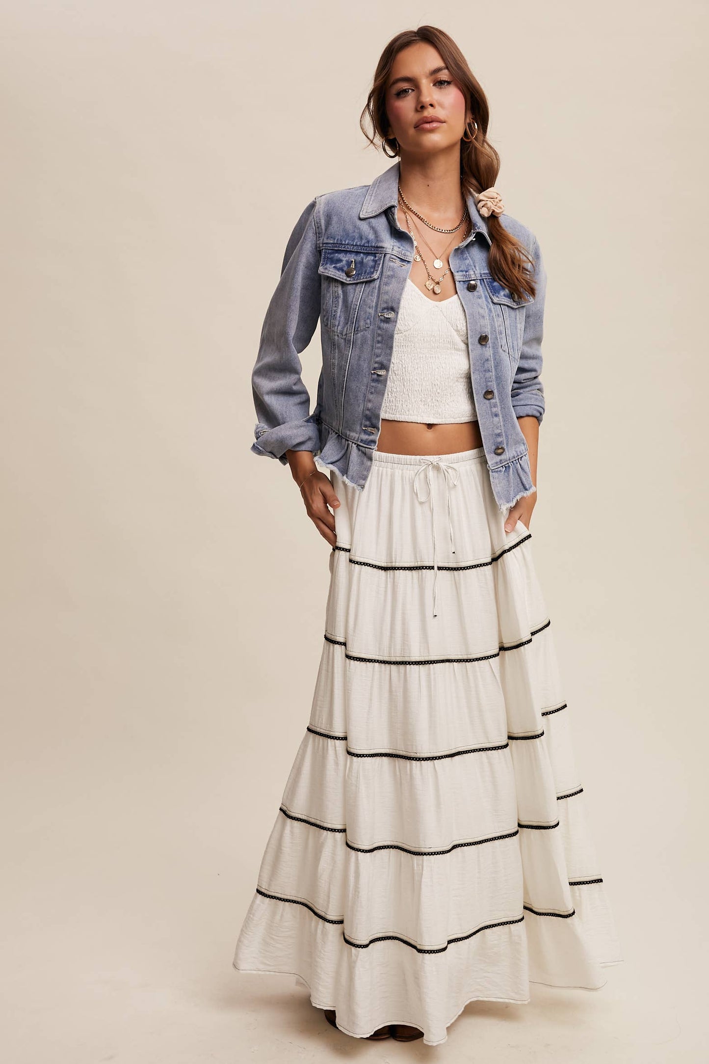 Ruffled Hem Denim Jacket: Light Denim