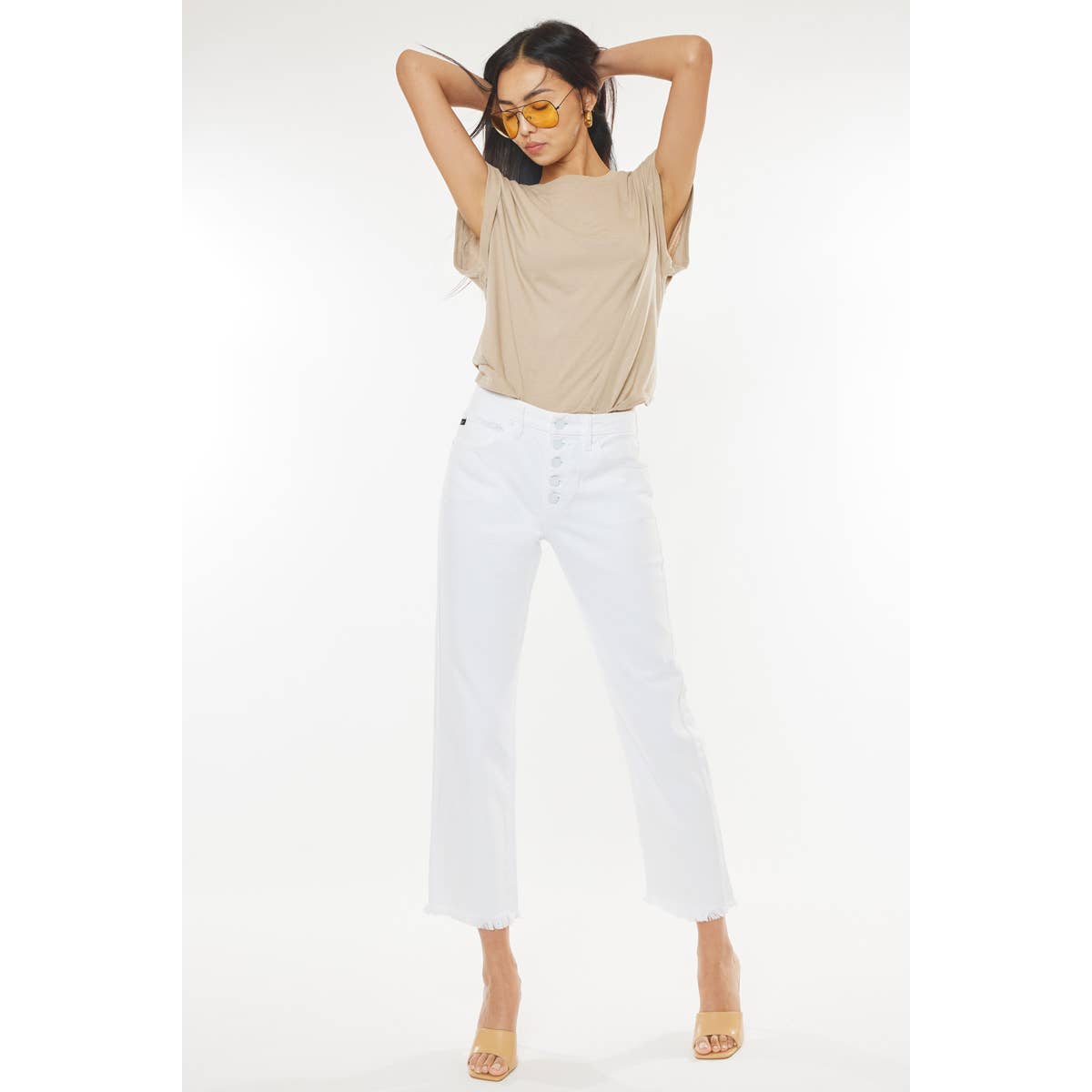 Kan Can USA White Straight Leg Frayed Hem Pants