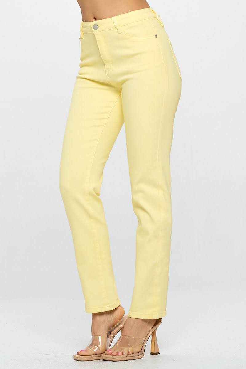 High Rise Straight Fit Color Denim Pants: Yellow