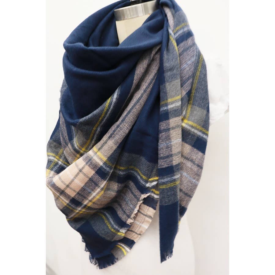 Navy & Tan Plaid Oversized Blanket Scarf