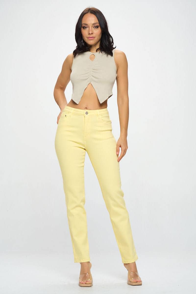 High Rise Straight Fit Color Denim Pants: Yellow