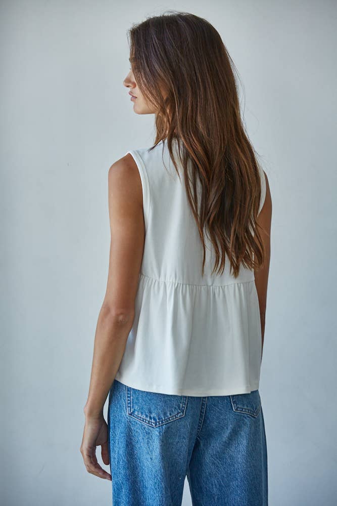 Pleated Front with Poplin Back Sleeveless Top: Cream