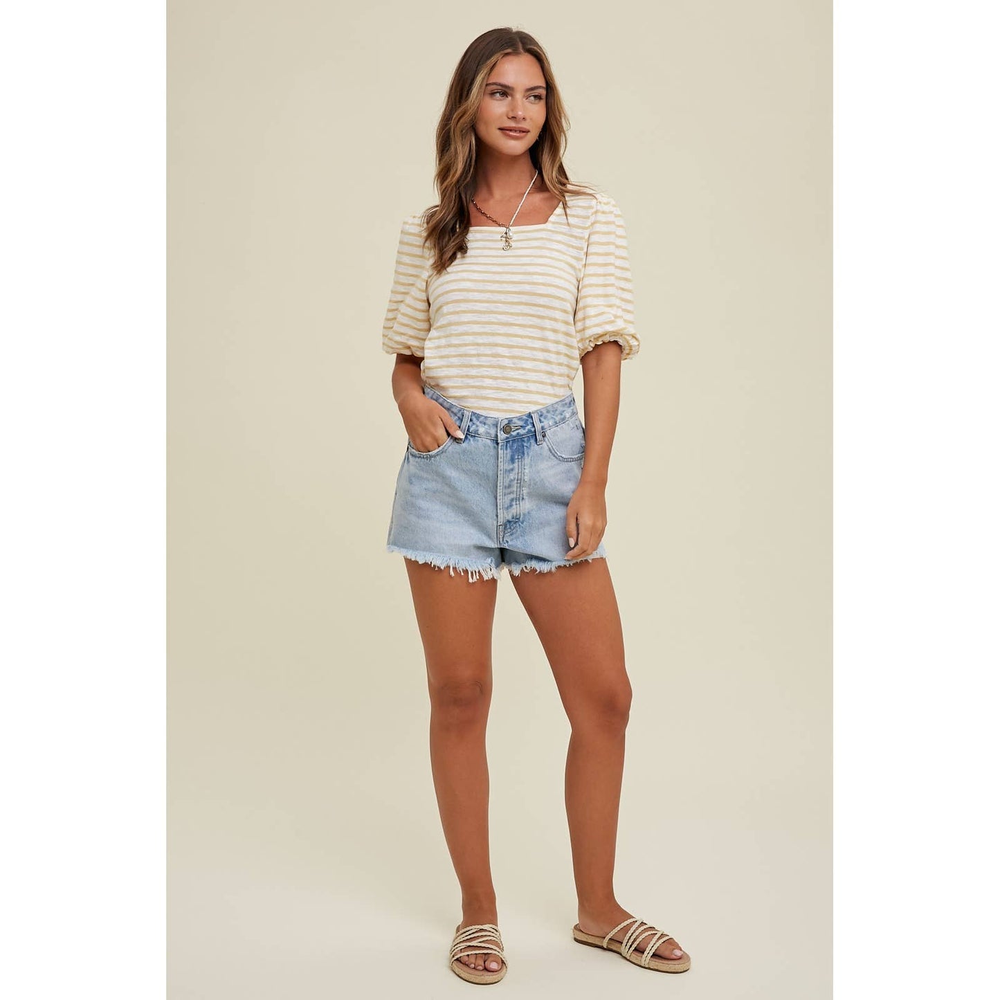 Striped Puff Sleeve Top-Ivory/Navy