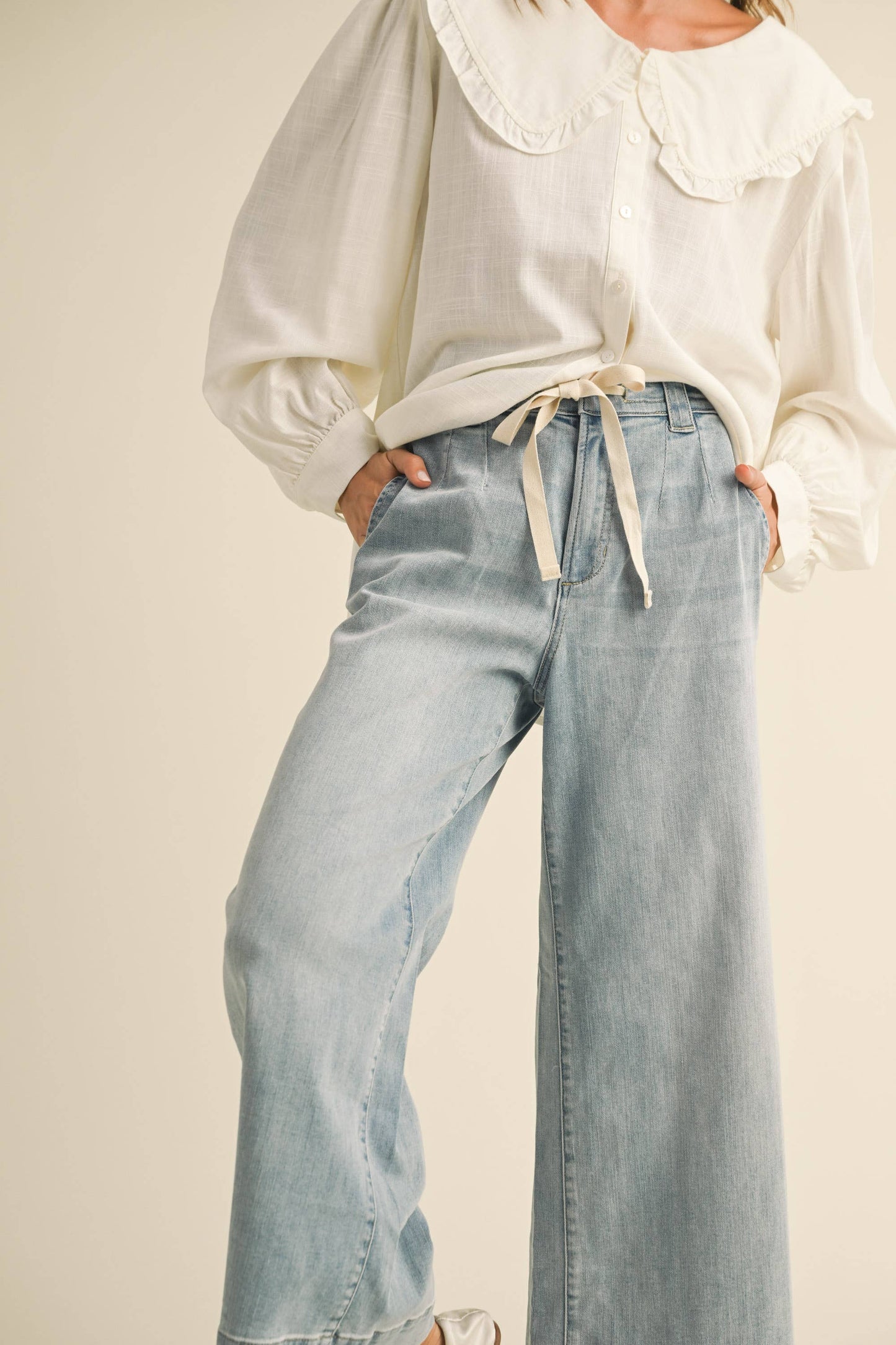 Washed Soft Denim with Tie-Front Jeans