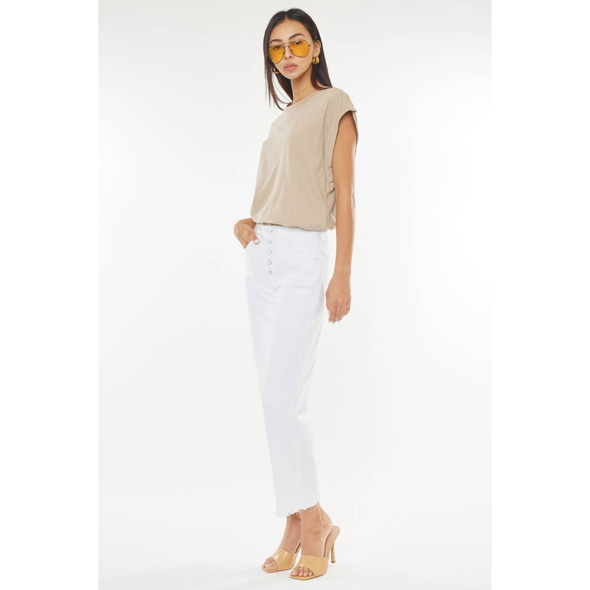 Kan Can USA White Straight Leg Frayed Hem Pants