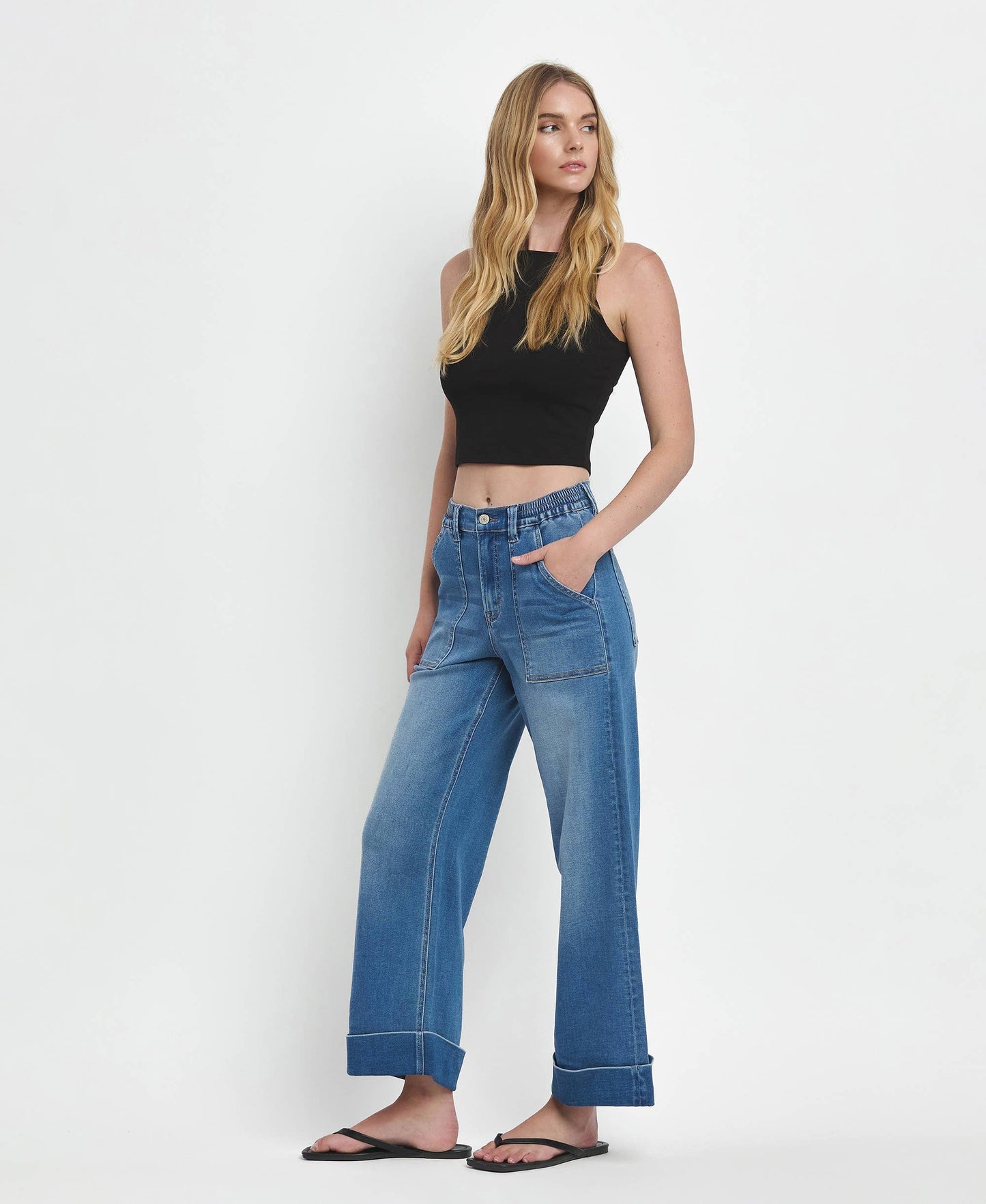 Vervet by Flying Monkey-High Rise Double Cuffed Wide Leg Jeans