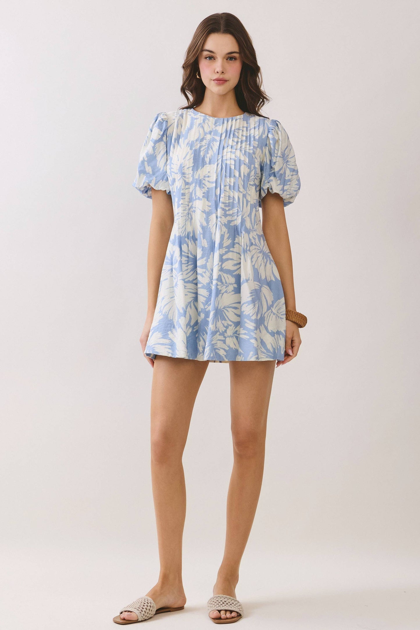 Blue Tropical Print Puff Sleeve Mini Dress