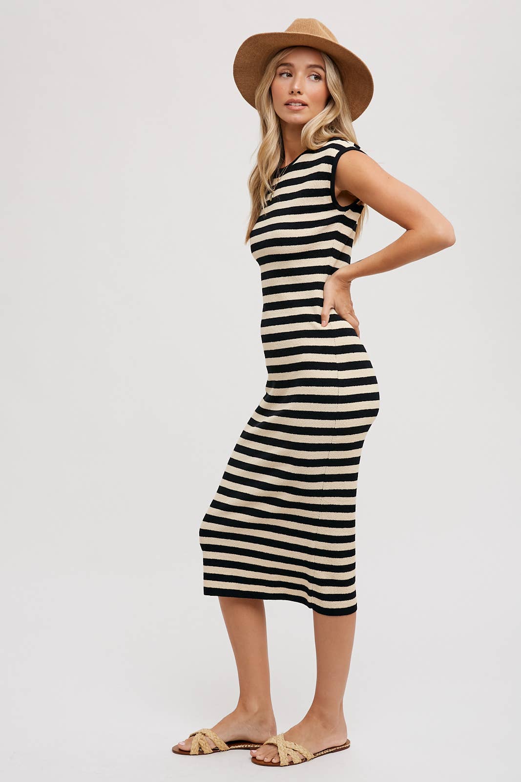 Black & Tan Striped Midi Tank Dress