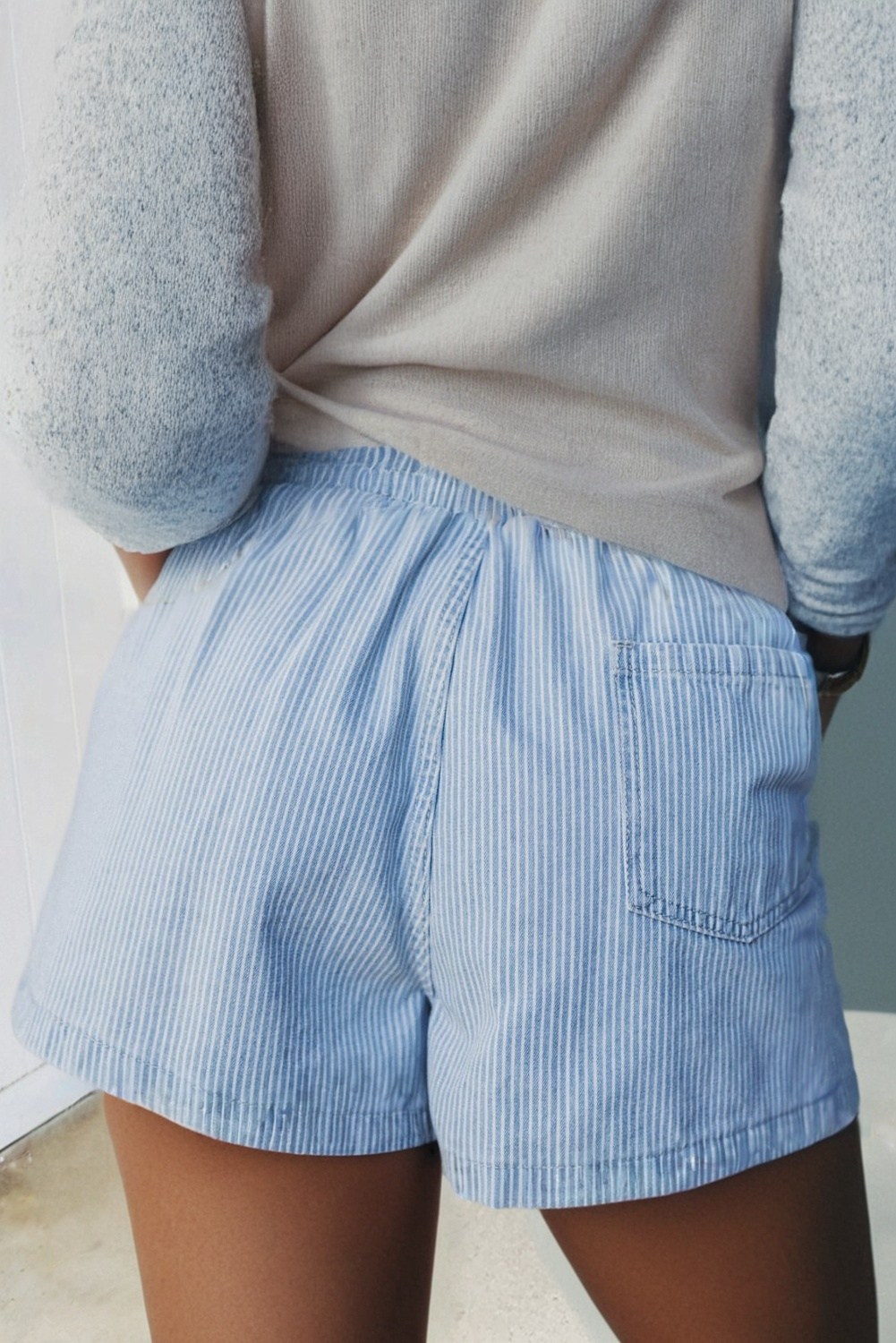 Striped Drawstring Elastic Waist Denim Shorts-Sky Blue