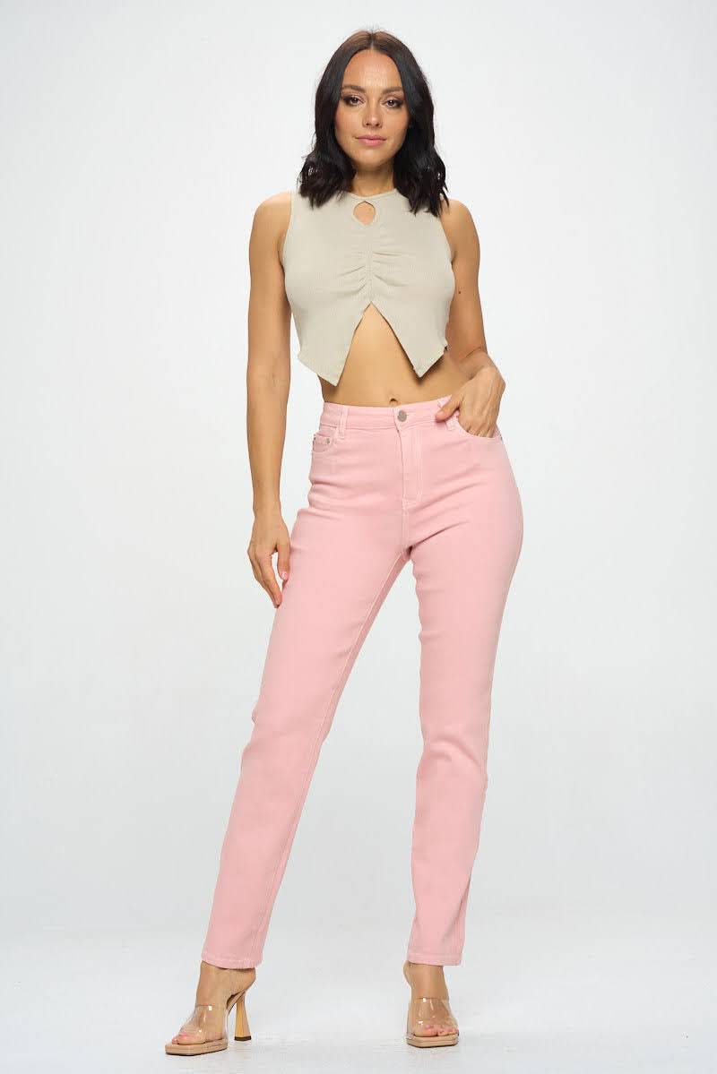 High Rise Straight Fit Color Denim Pants-Pink