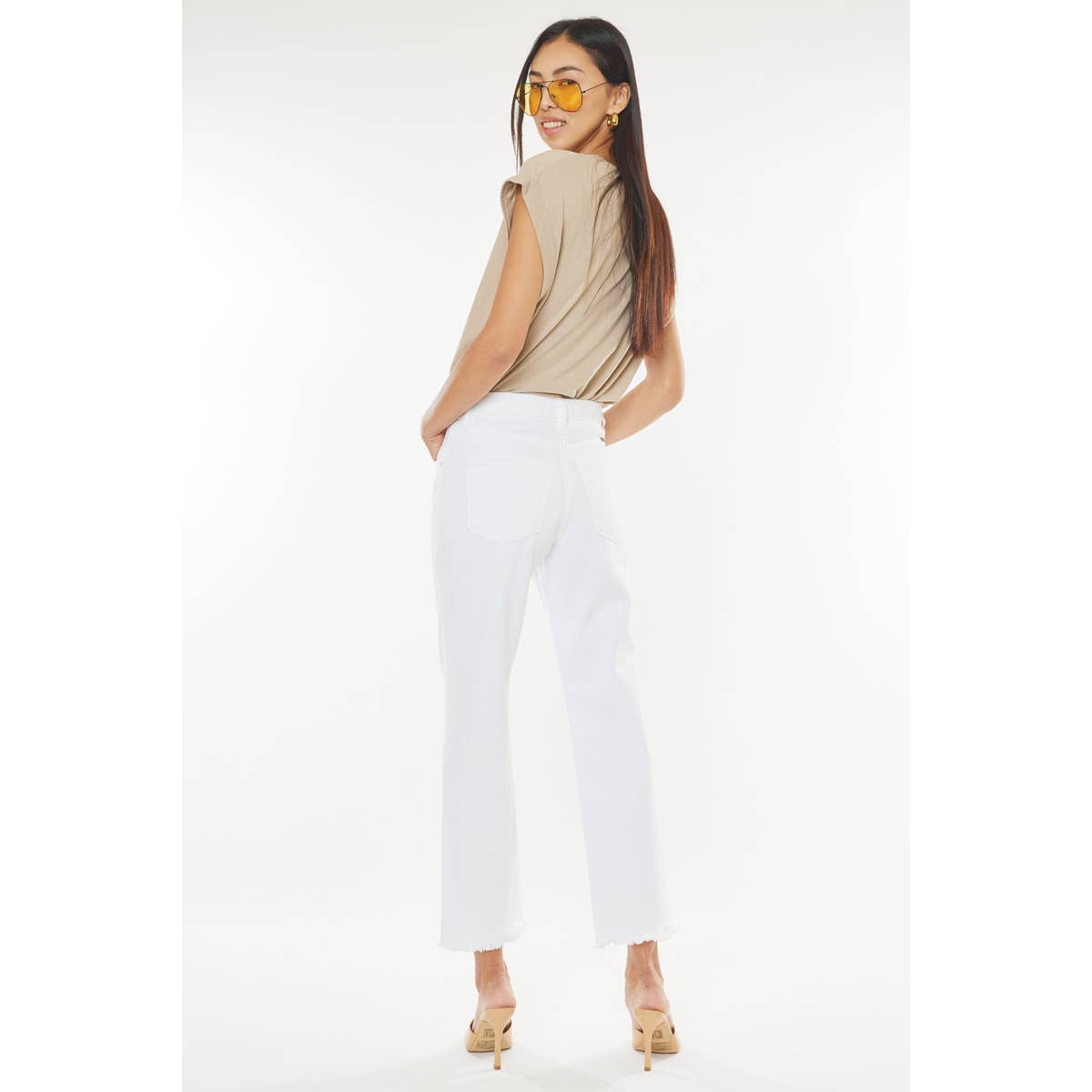 Kan Can USA White Straight Leg Frayed Hem Pants