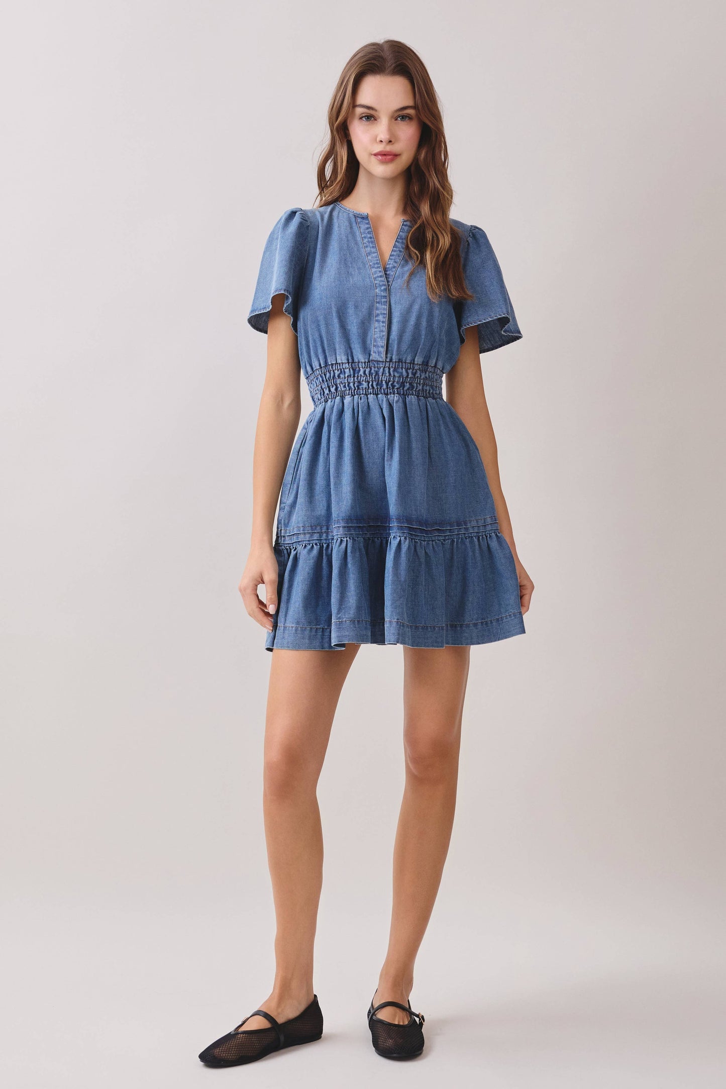 Denim V Neck Flutter Sleeve Dress