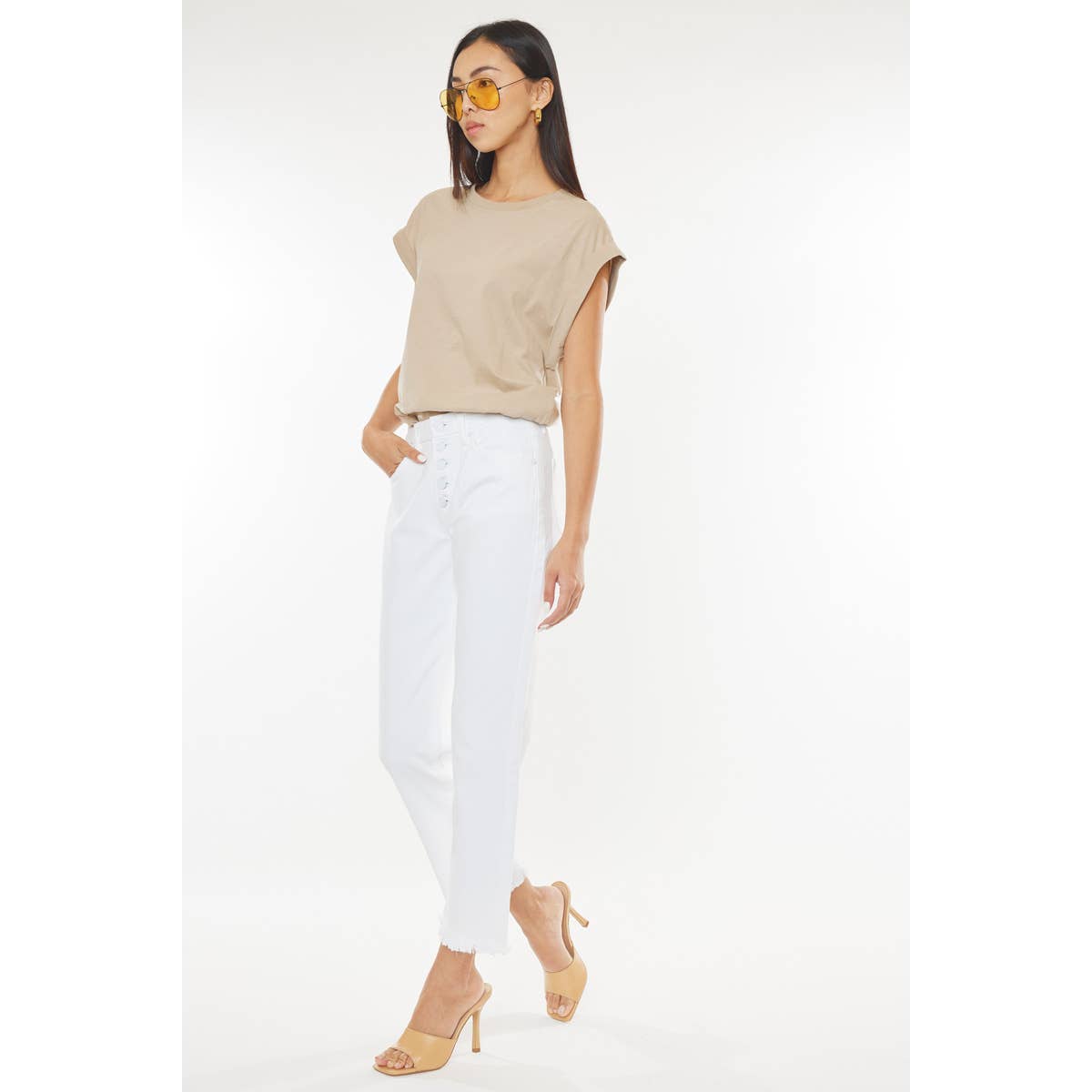 Kan Can USA White Straight Leg Frayed Hem Pants