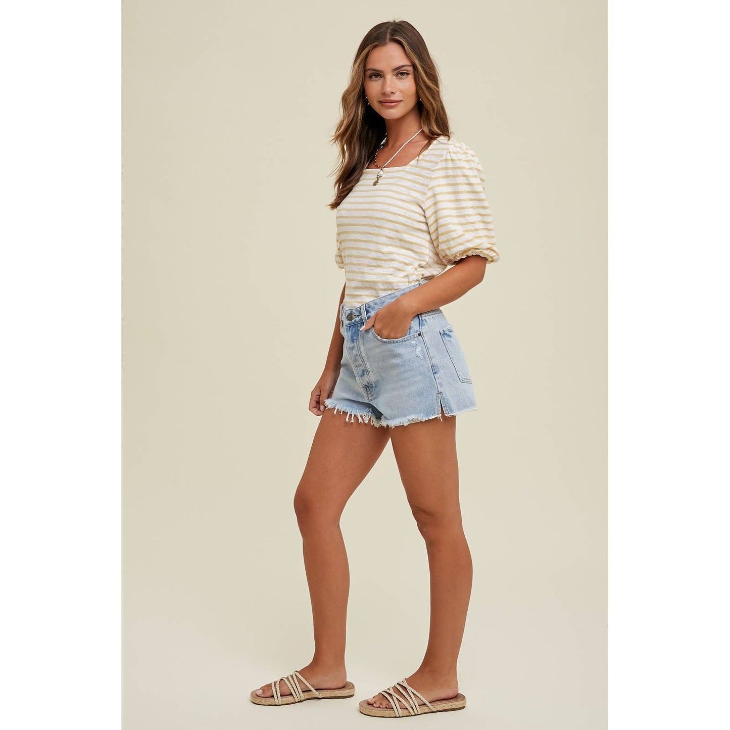 Striped Puff Sleeve Top-Yellow/Ivory
