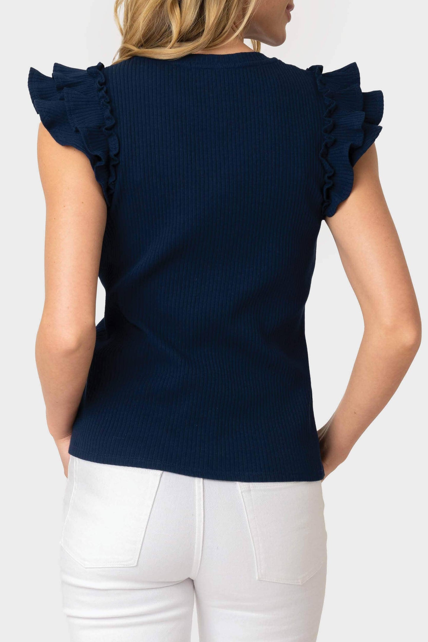 Flutter Sleeve Rib Knit Top Navy