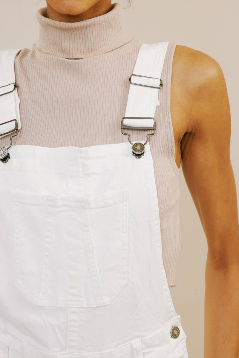 High Rise White Overall Frayed Hem Shorts-White Kan Can