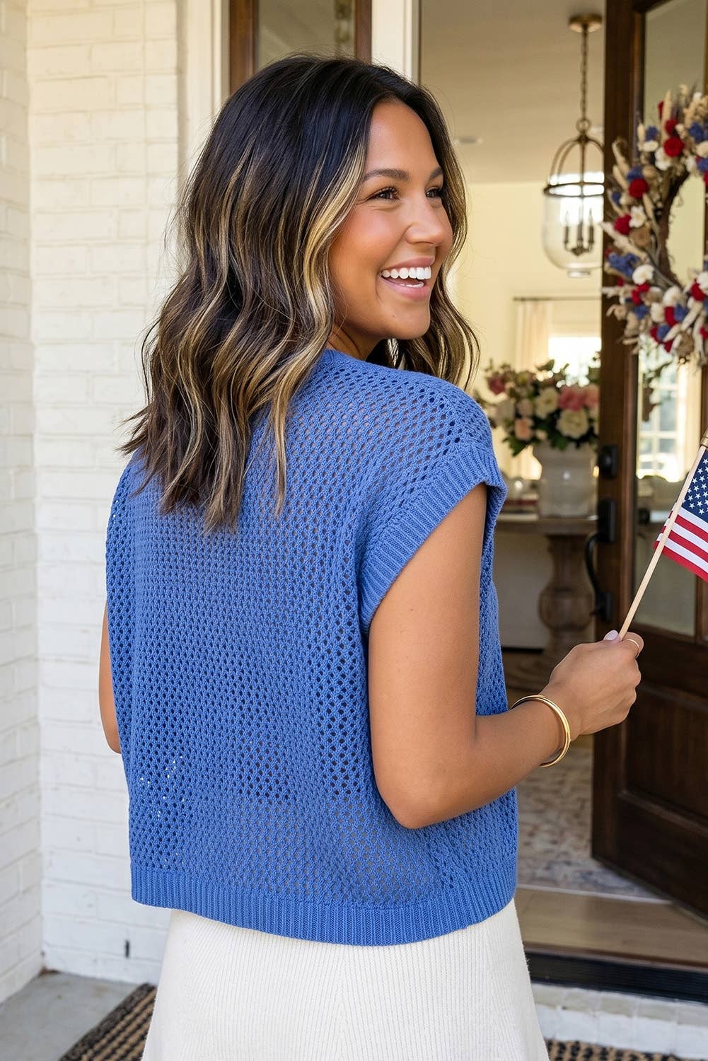 Flag Graphic Short Sleeve Sweater Top: Blue