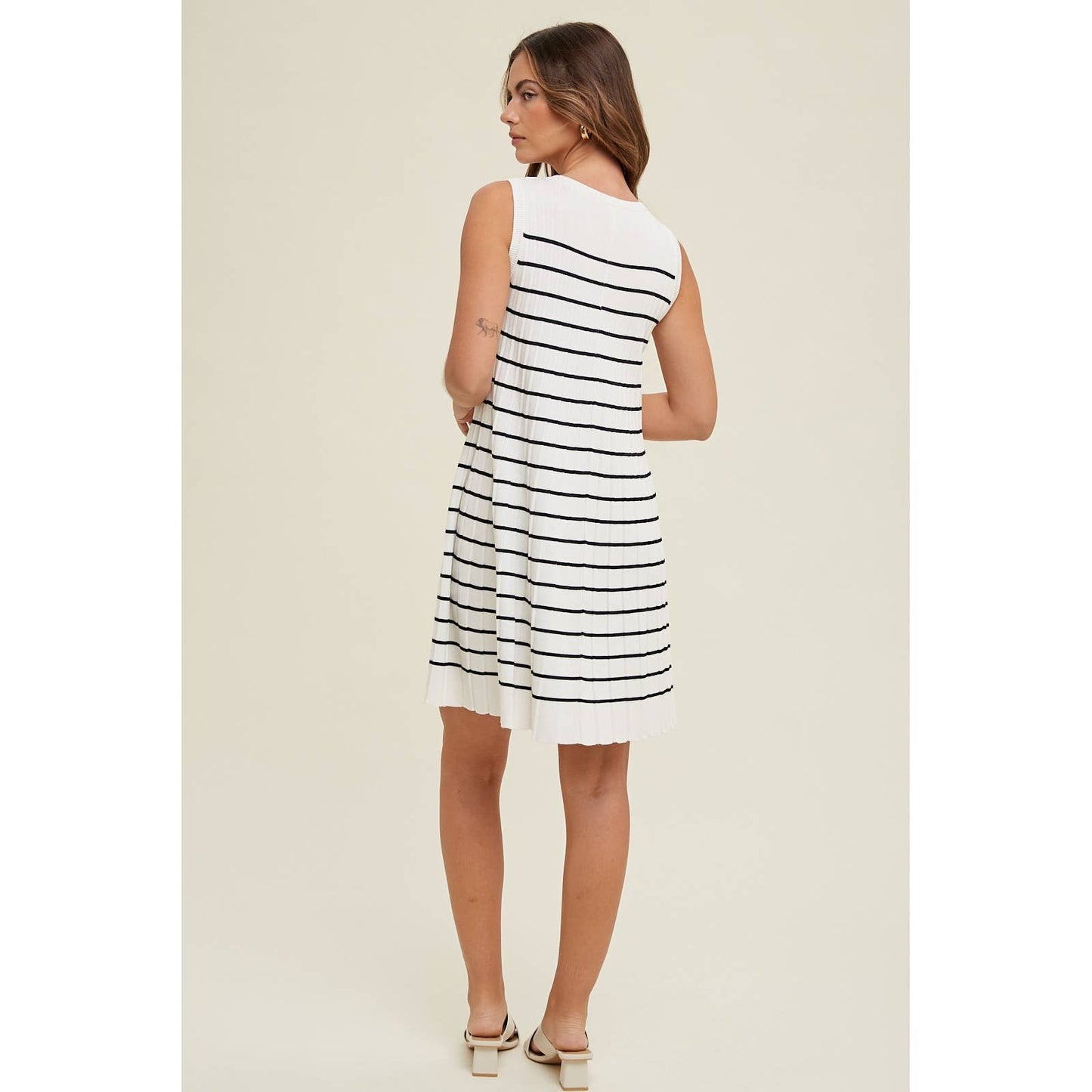 Striped Pleated A-Line Mini Dress-Ivory & Black