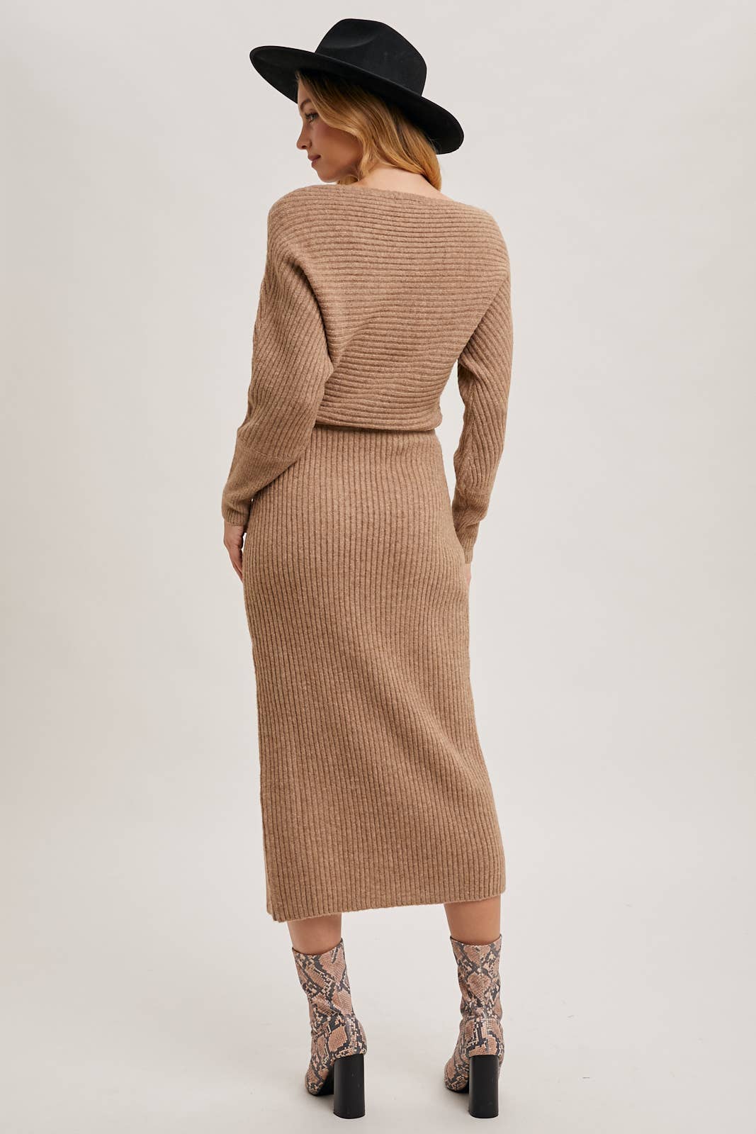Boat Neck Side Slit Midi Sweater Dress-Oatmeal