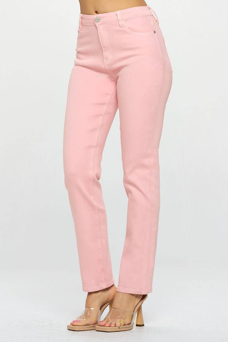 High Rise Straight Fit Color Denim Pants-Pink