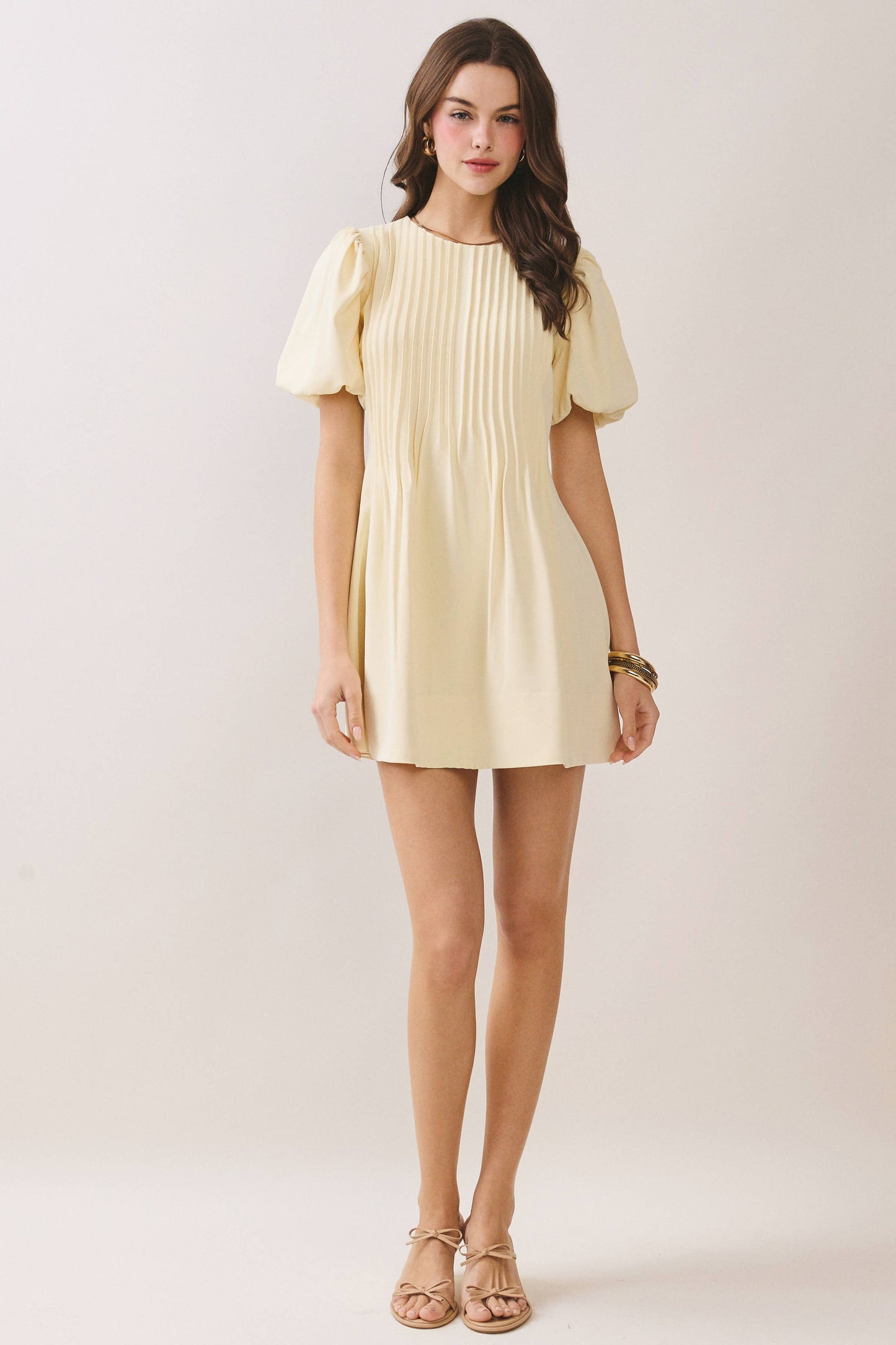 Pleated A Line Dress-Pale Yellow