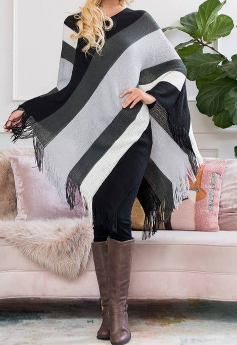 Color Block Grey, Black and White Fringe Poncho