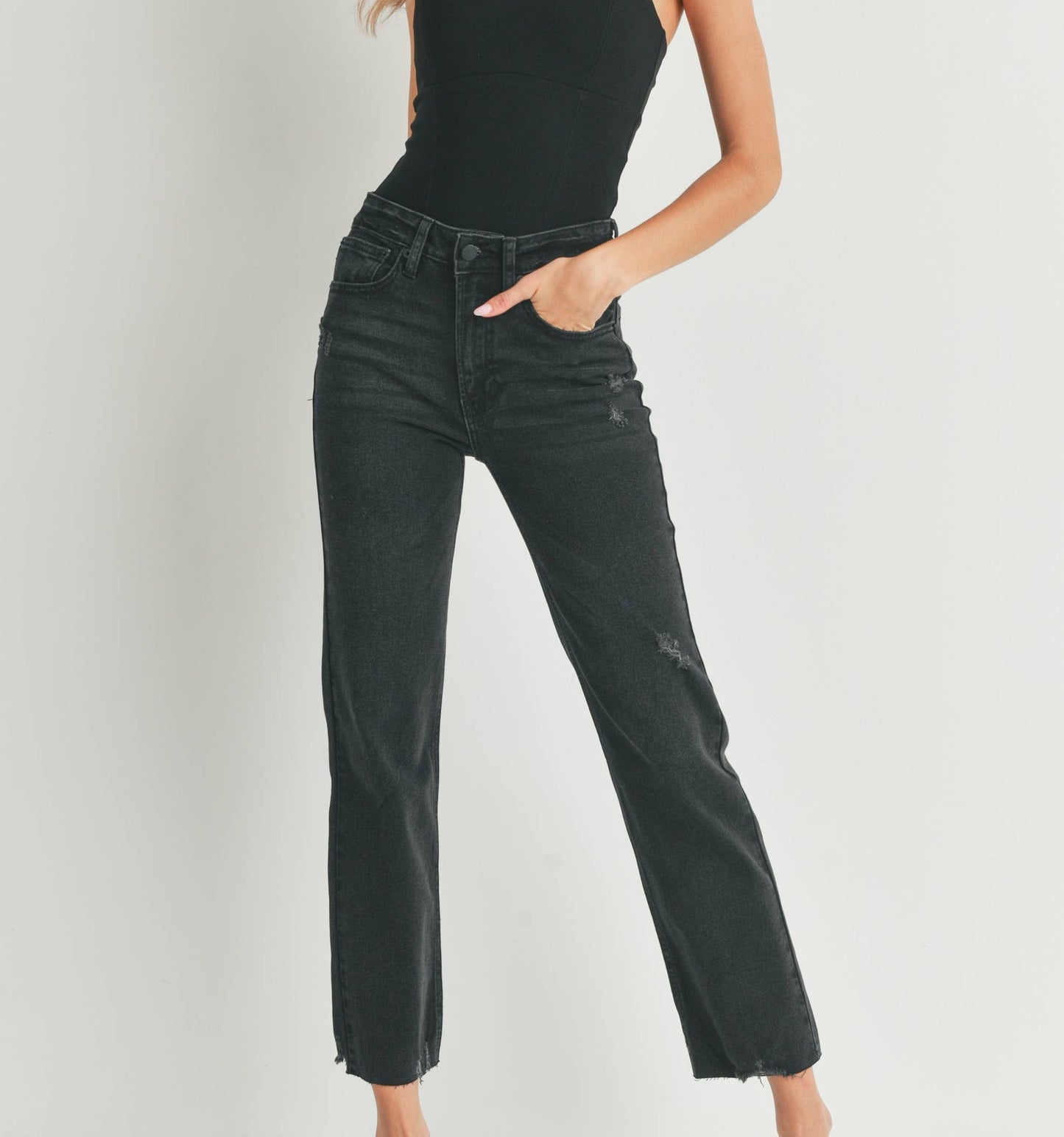 Black Raw Hem Distressed Straight Leg Jean