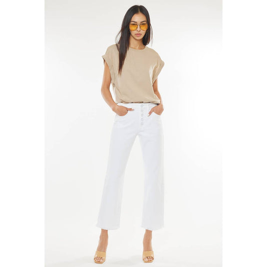 Kan Can USA White Straight Leg Frayed Hem Pants