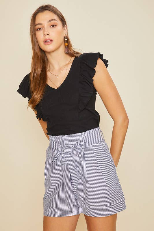Striped Seersucker High Rise Shorts With Belt