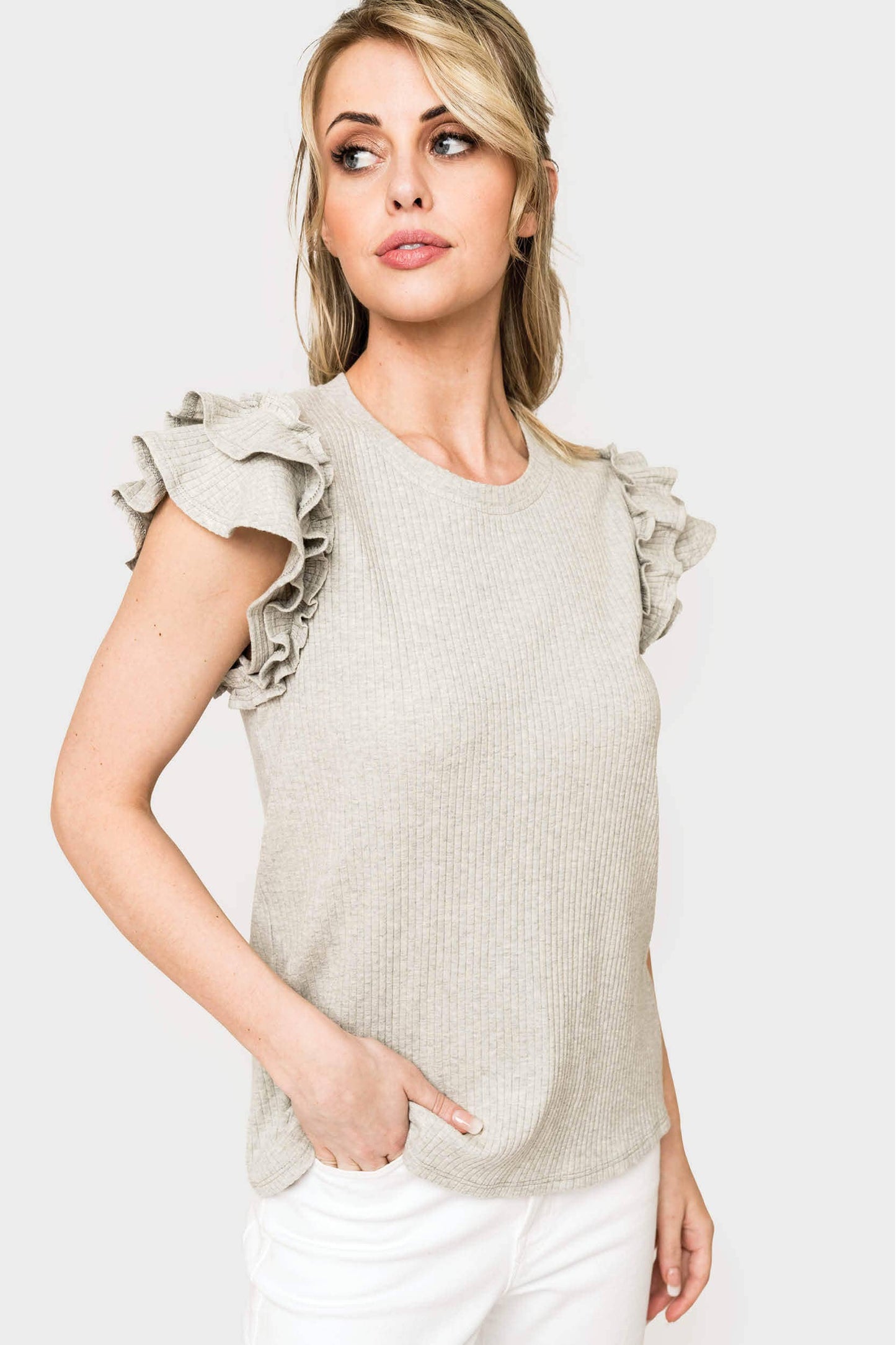 Flutter Sleeve Rib Knit Top