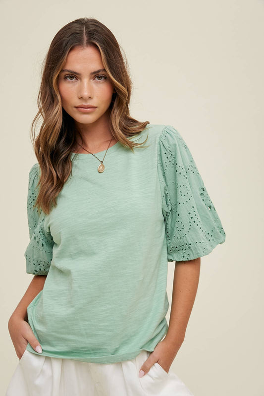 Eyelet Balloon Sleeve Knit Top