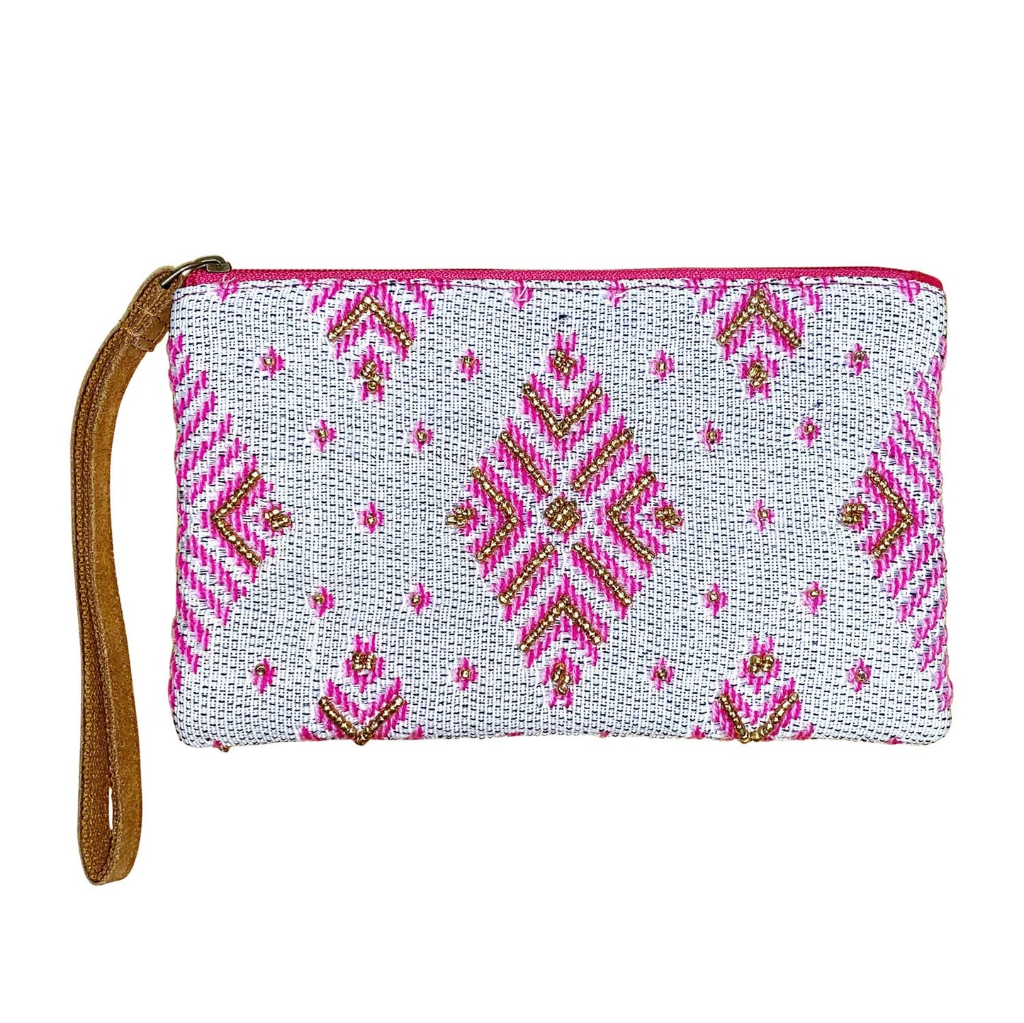 Pink White Diamond Beaded Wristlet