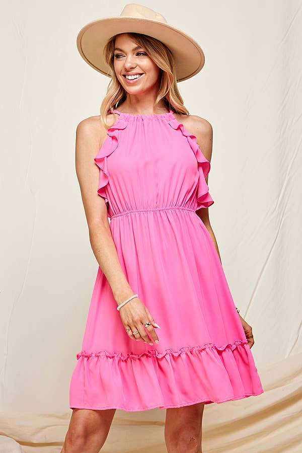 Halter Ruffled Mid Dress-Neon Fuchsia