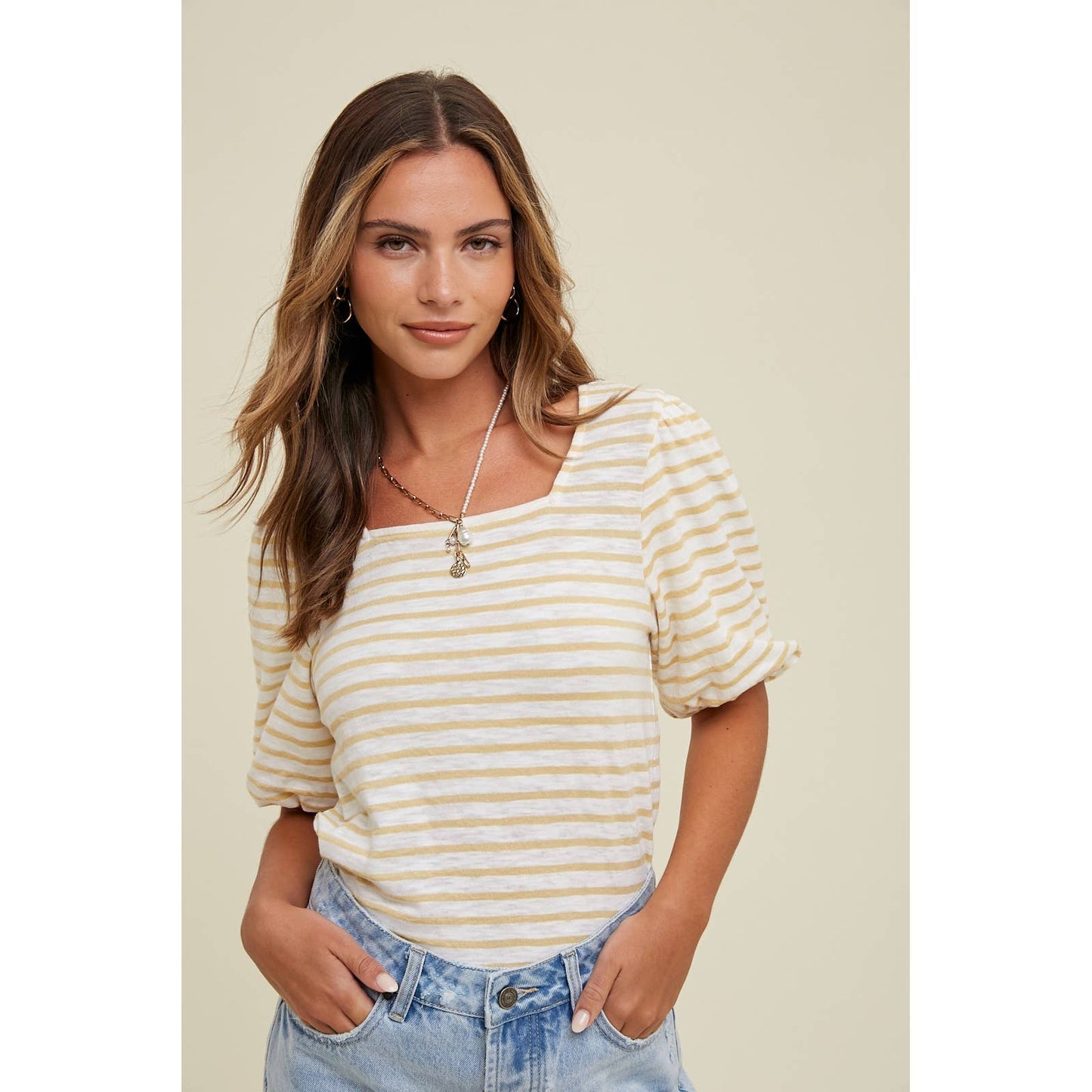 Striped Puff Sleeve Top-Yellow/Ivory