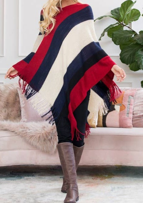 Color Block Red, White, Blue and Black Fringe Poncho