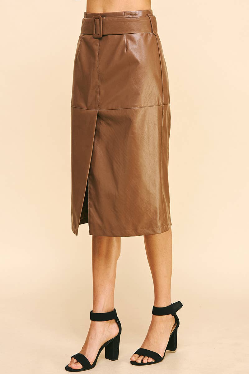 Belted Vegan Leather Midi Skirt