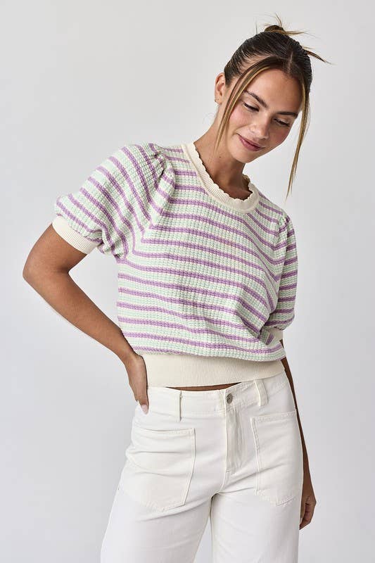 Sana Crew Neck Puff Sleeve Stripe Knit Top