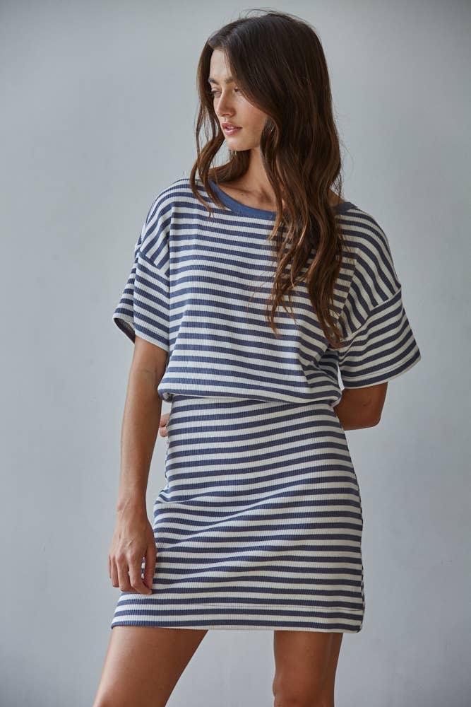 Striped Ribbed Short Sleeve Mini Dress