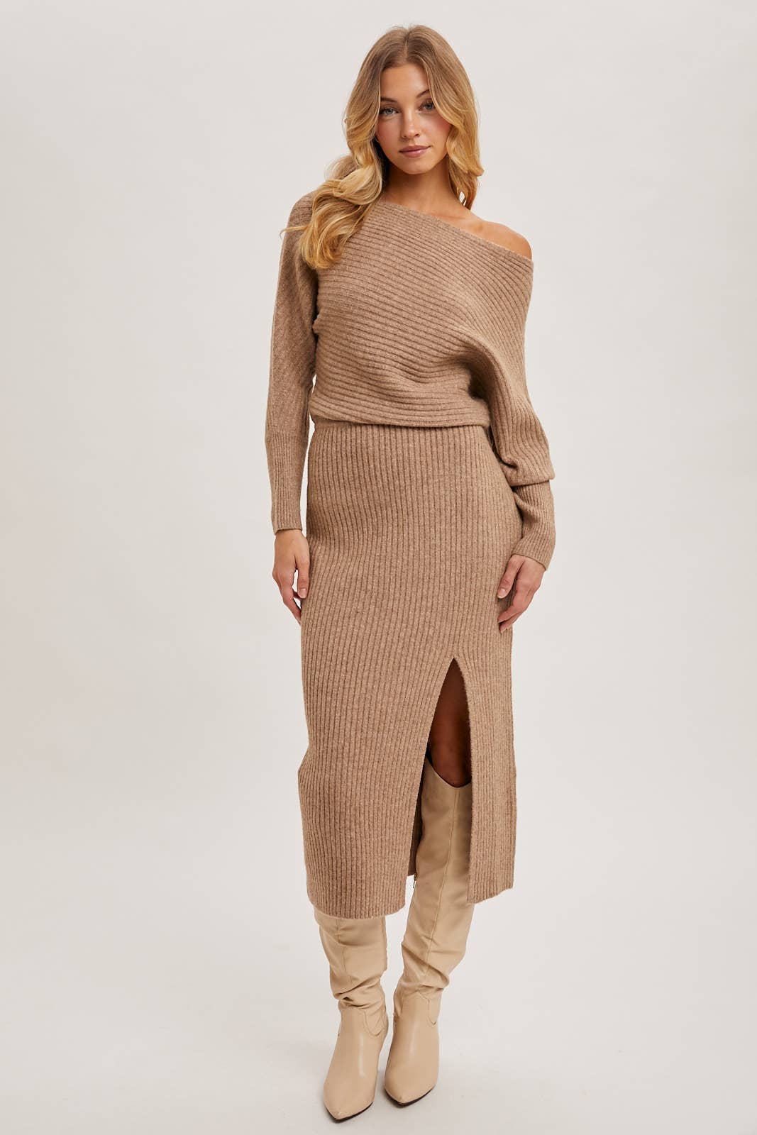 Boat Neck Side Slit Midi Sweater Dress-Oatmeal