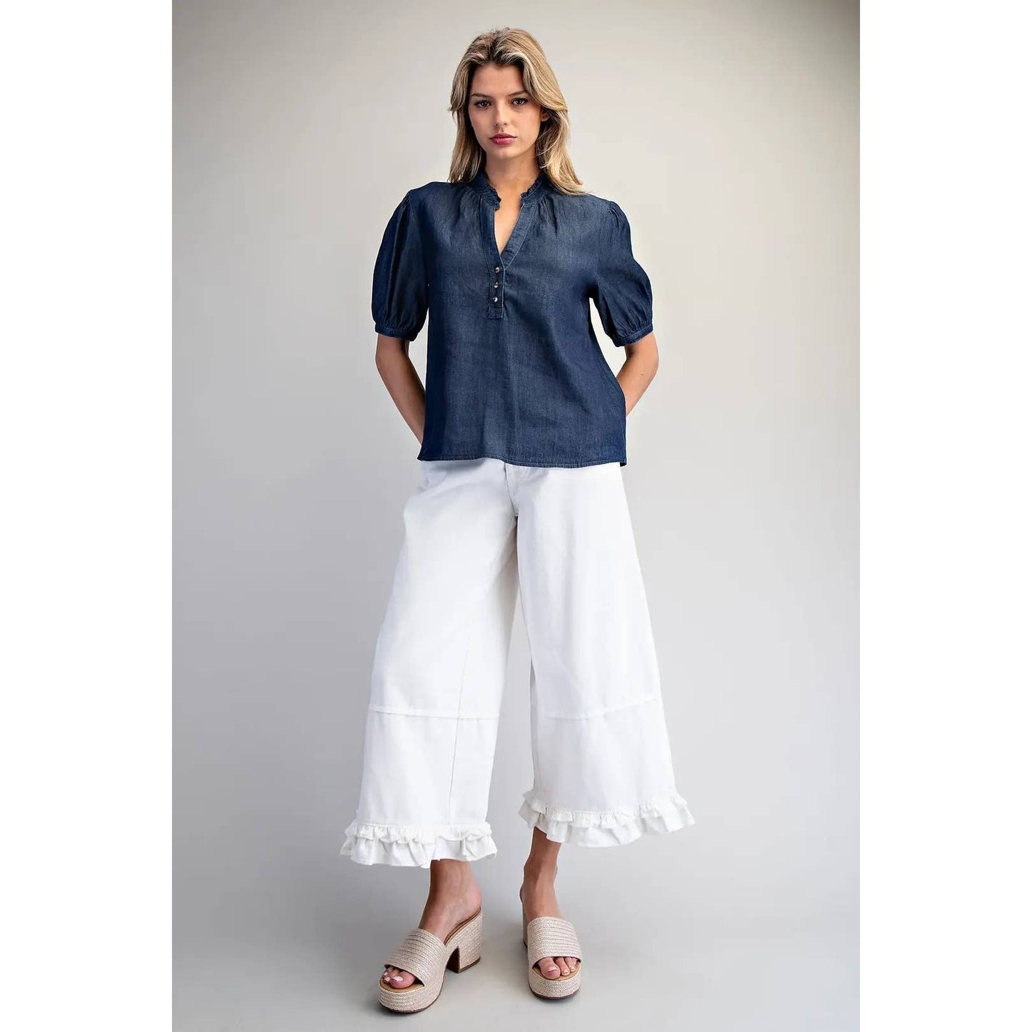 STYLE USA - NEW Ruffled Split V-Neck Blouse: DENIM / M