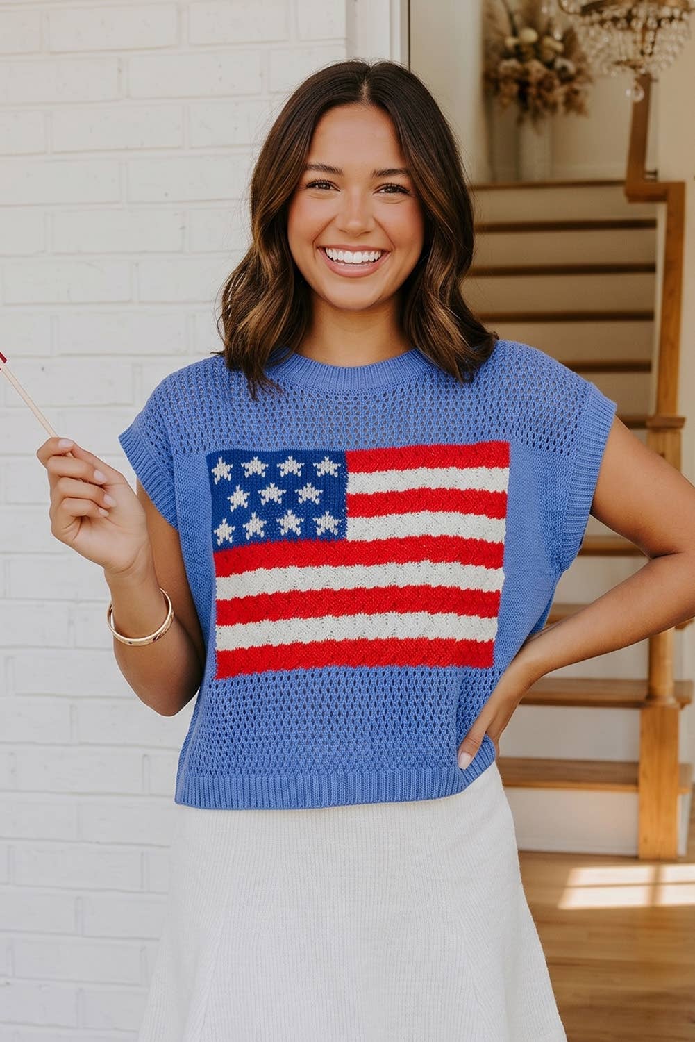 Flag Graphic Short Sleeve Sweater Top: Blue
