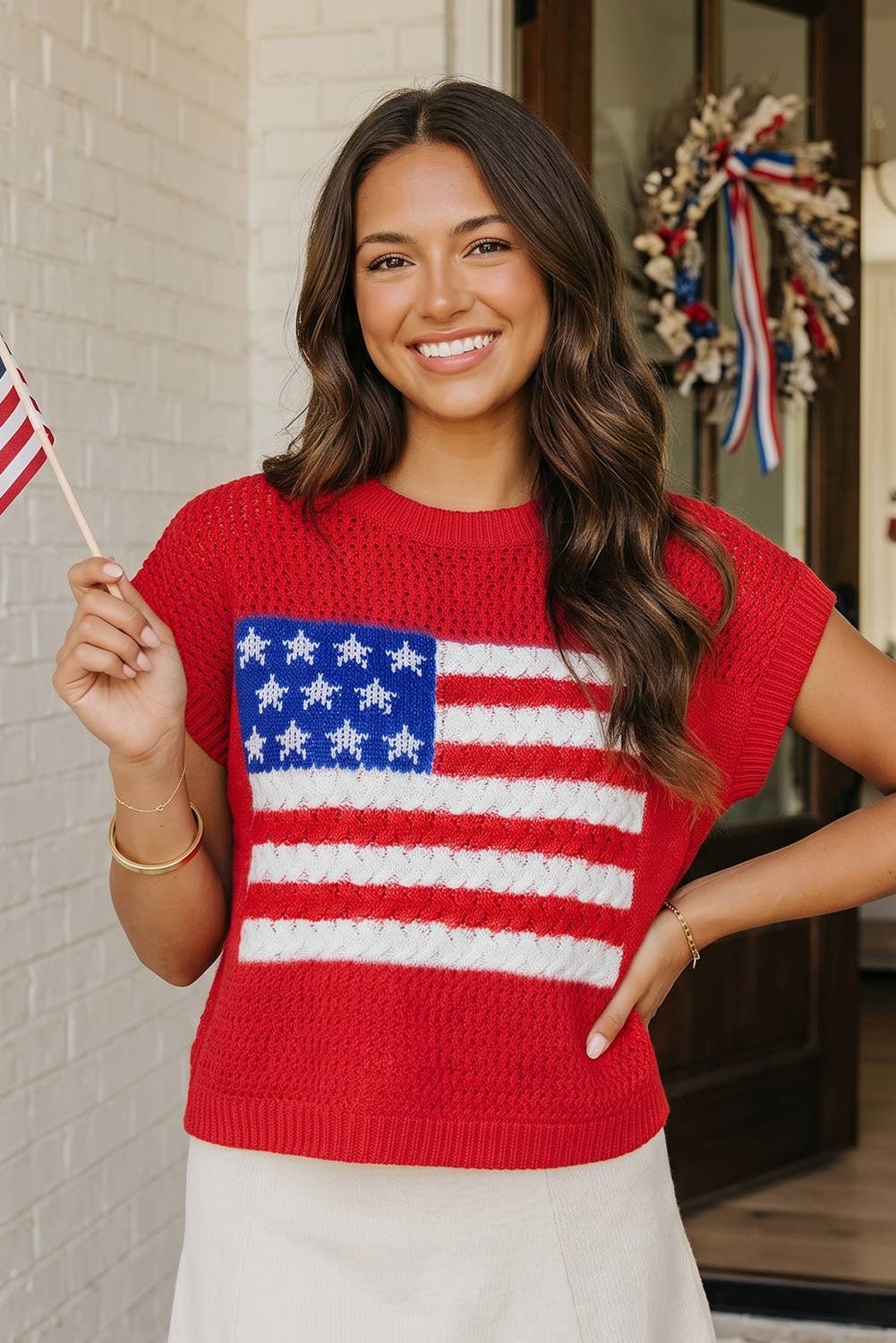 Flag Graphic Short Sleeve Sweater Top-Red