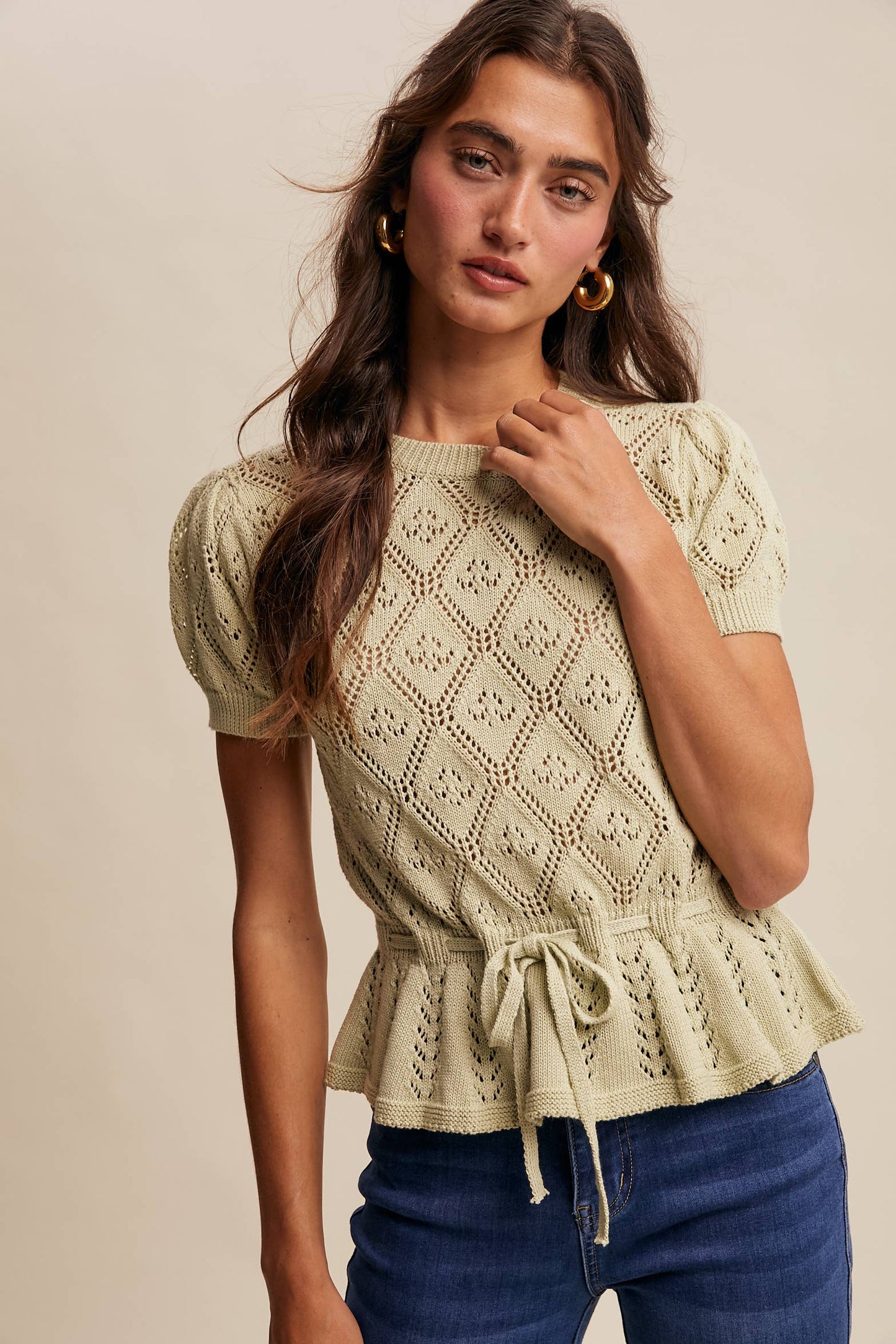 Pointelle Knit Peplum Top: Light Green