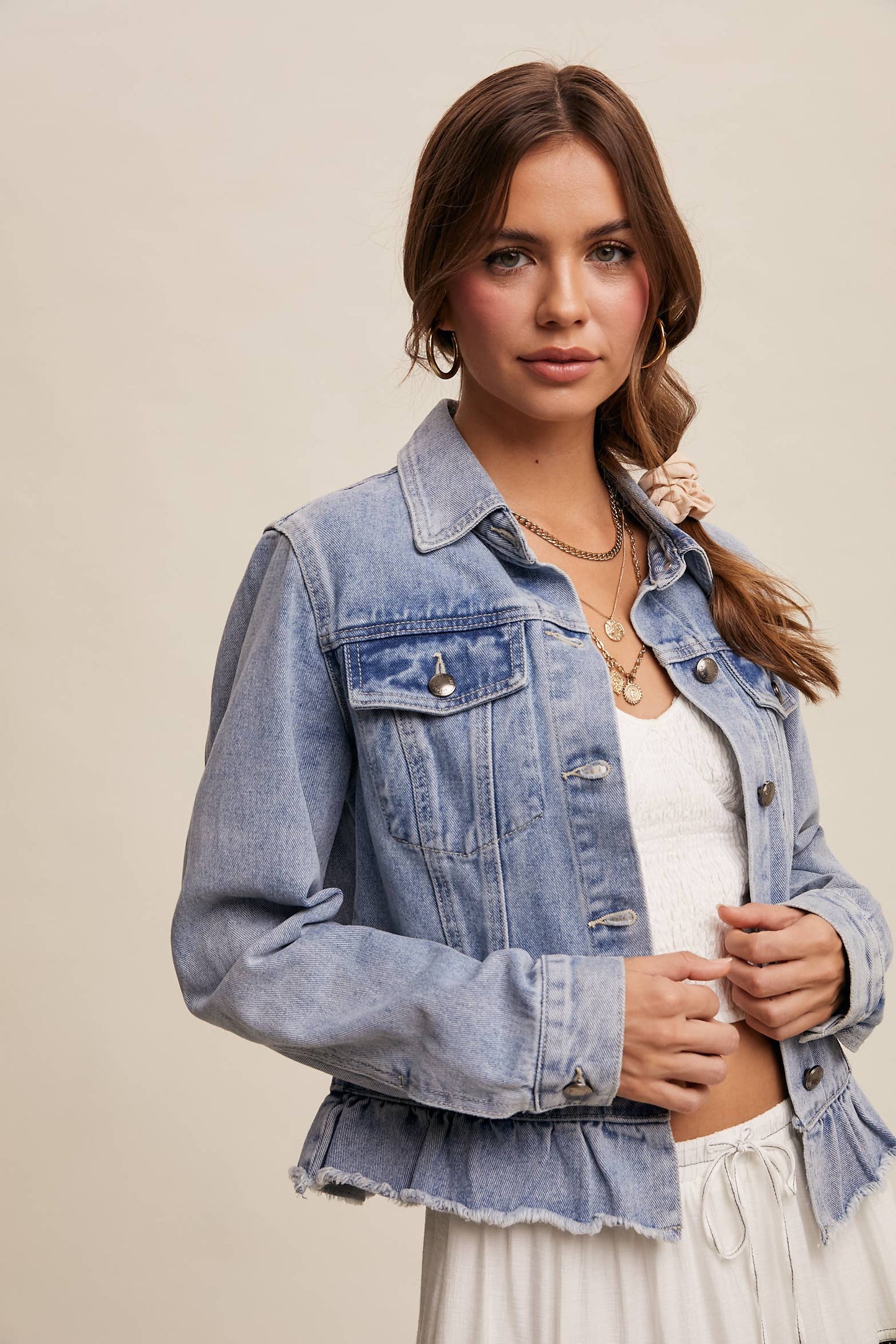 Ruffled Hem Denim Jacket: Light Denim