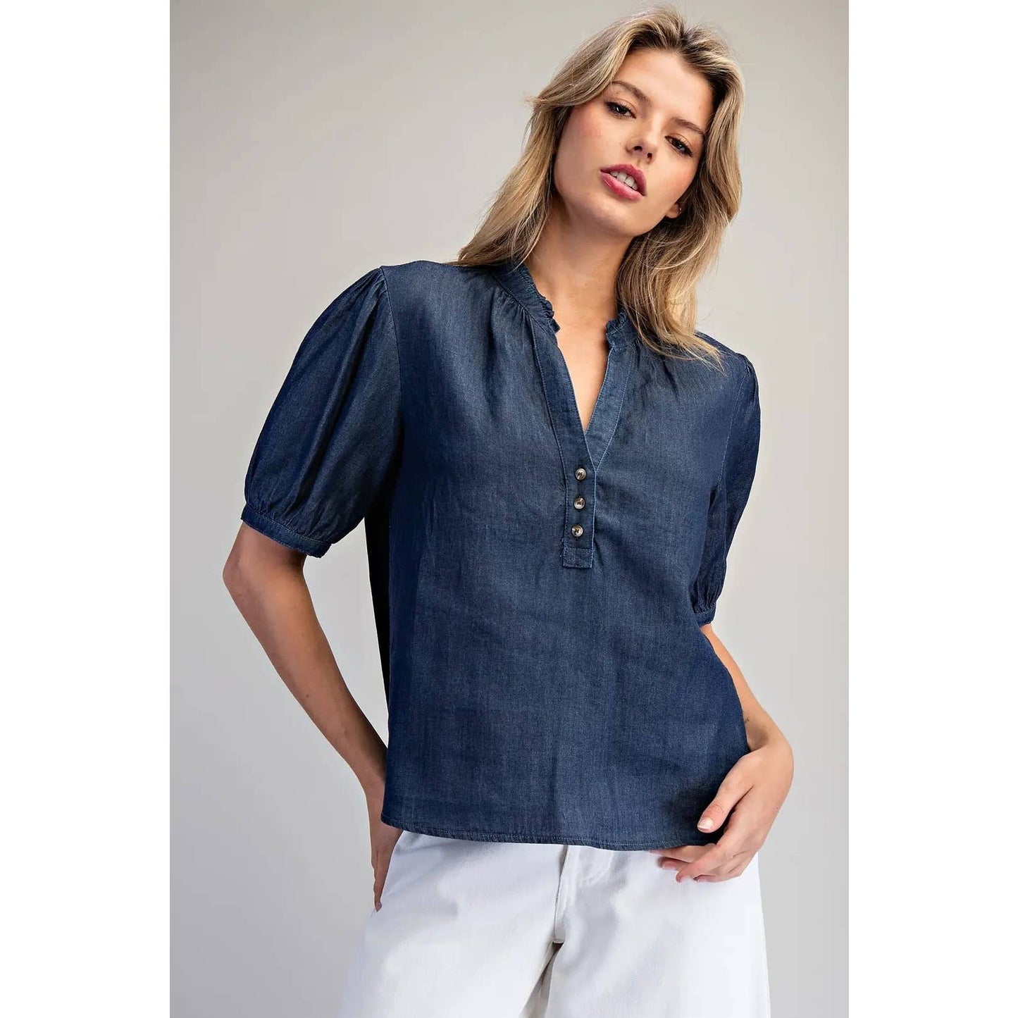 STYLE USA - NEW Ruffled Split V-Neck Blouse: DENIM / S