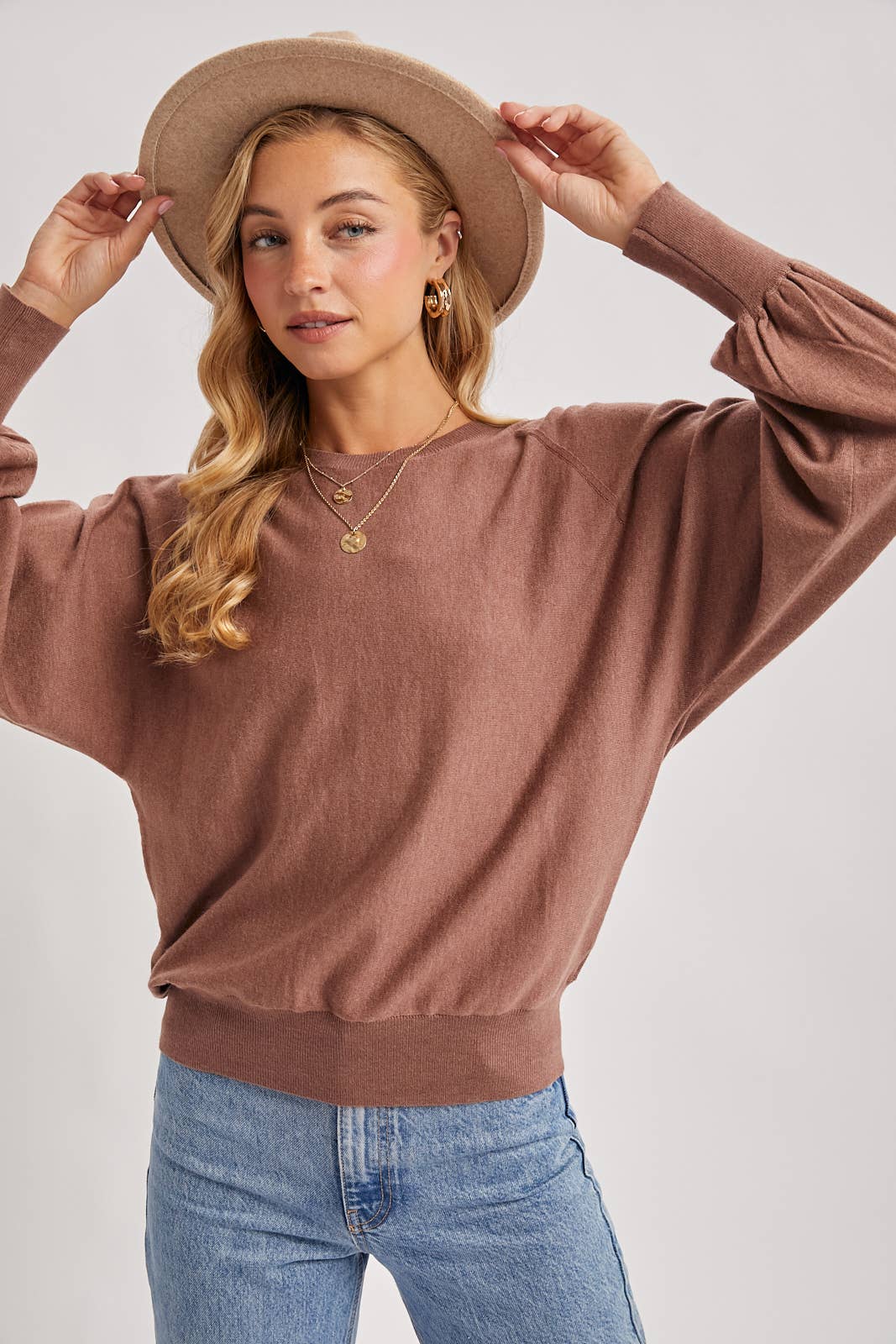 Lightweight Drape Sleeve Sweater-Mocha