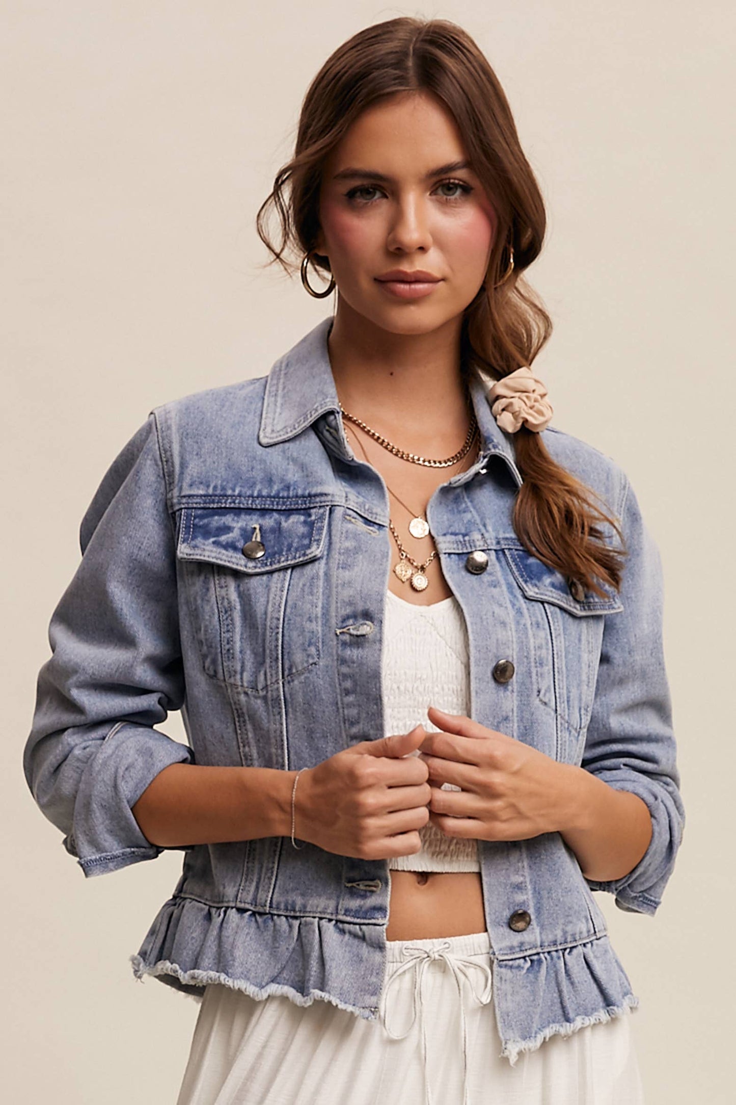Ruffled Hem Denim Jacket: Light Denim