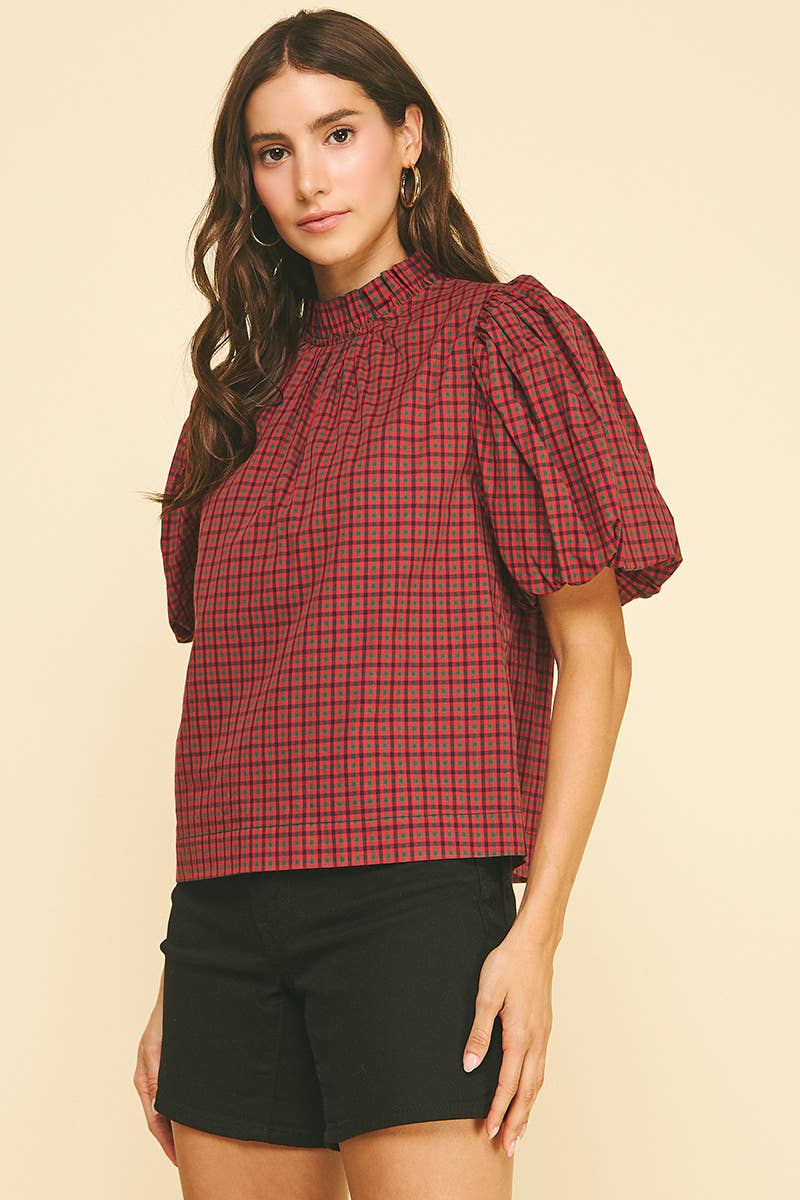Red Plaid Ruffled Mock Neck Top with Puff Sleeve
