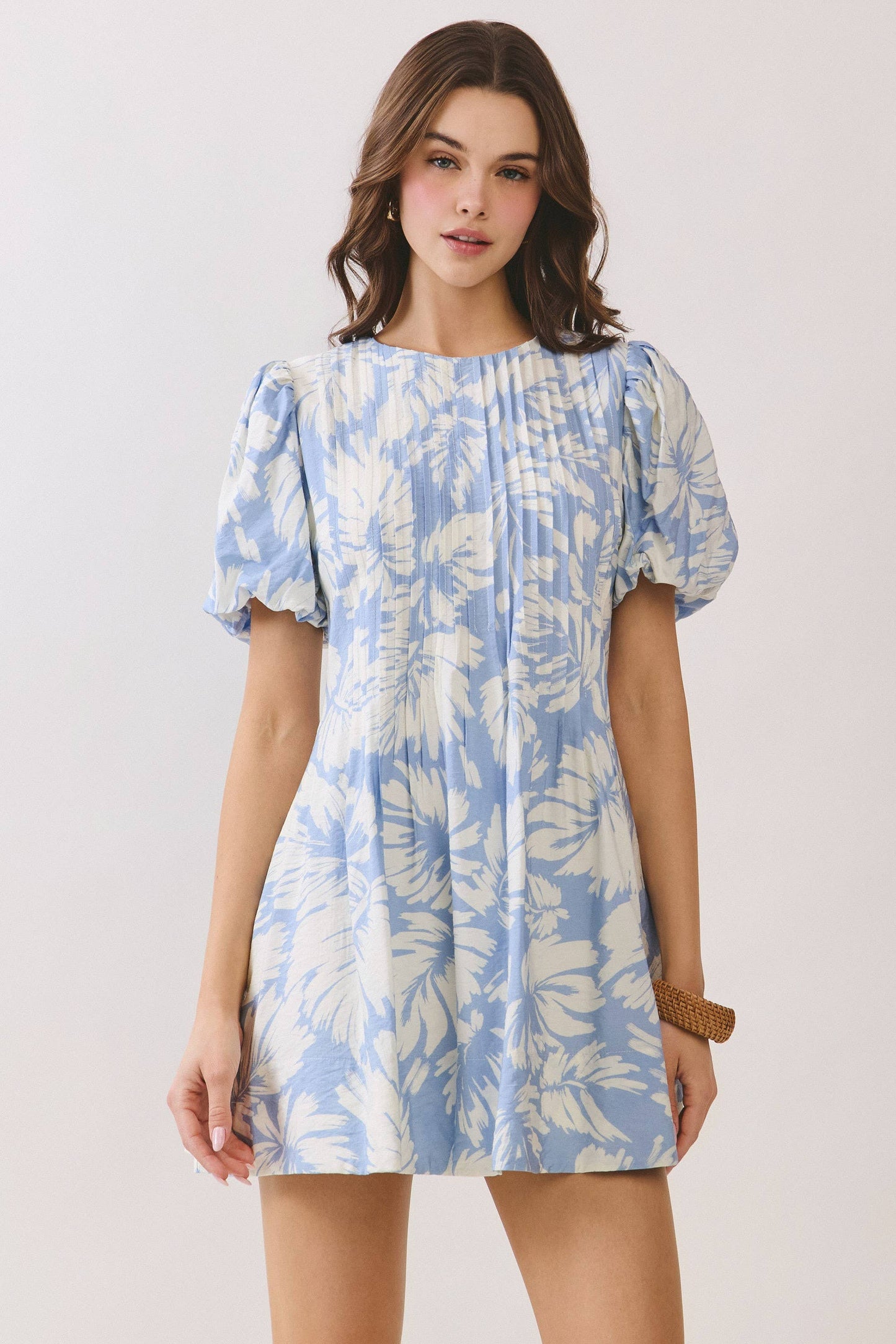Blue Tropical Print Puff Sleeve Mini Dress