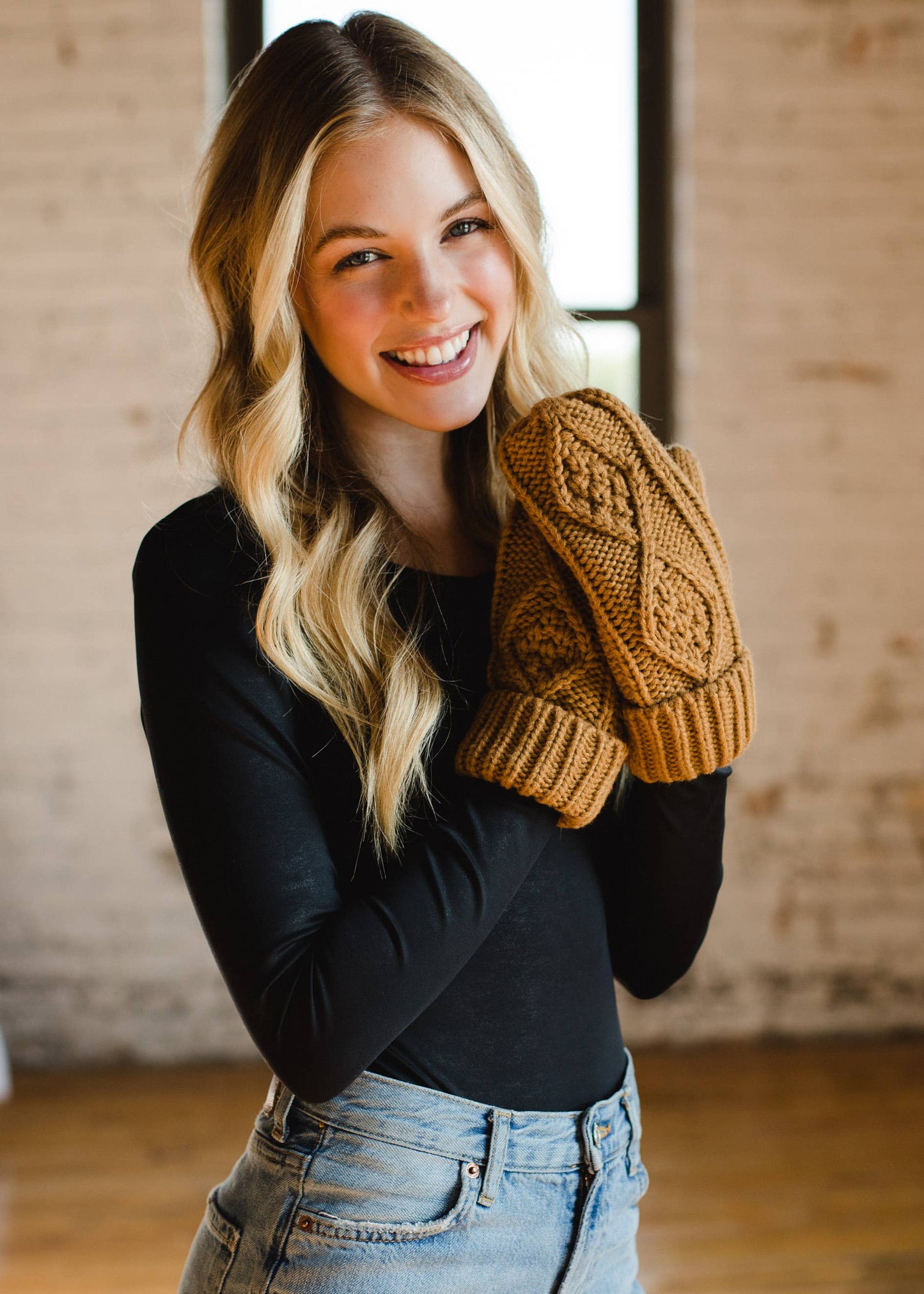 Camel Cable Knit Mittens